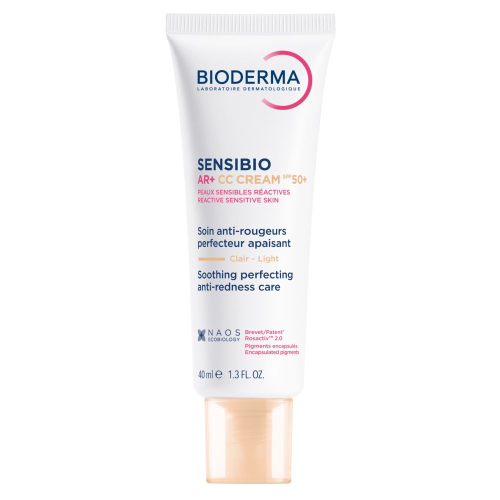 Bioderma Sensibio AR+ CC Cream mit LSF 50+ in einer weißen Tube mit beige-farbenem Verschluss. 40ml.