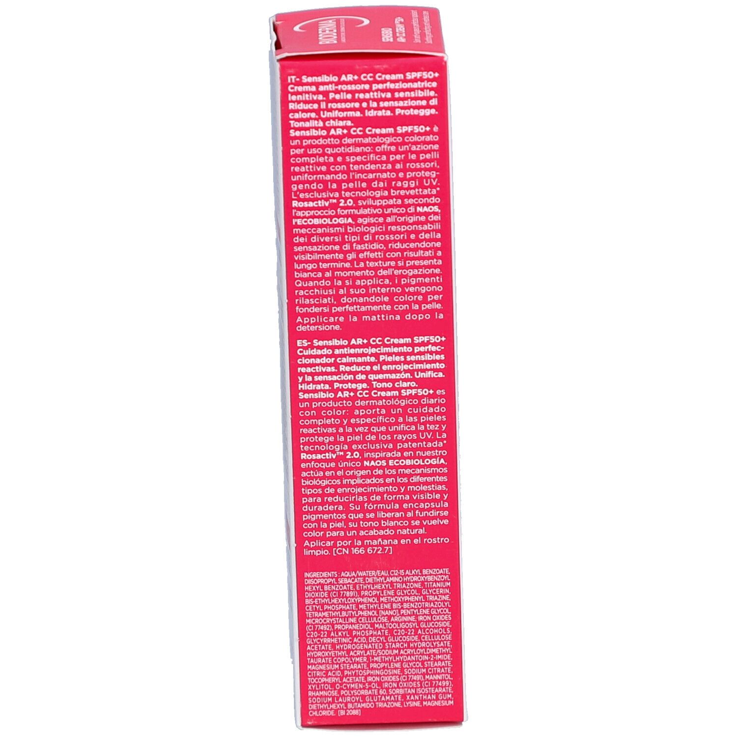 Seite der Schachtel mit Text in italienischer Sprache. BIODERMA Sensibio AR+ CC Cream SPF50+.