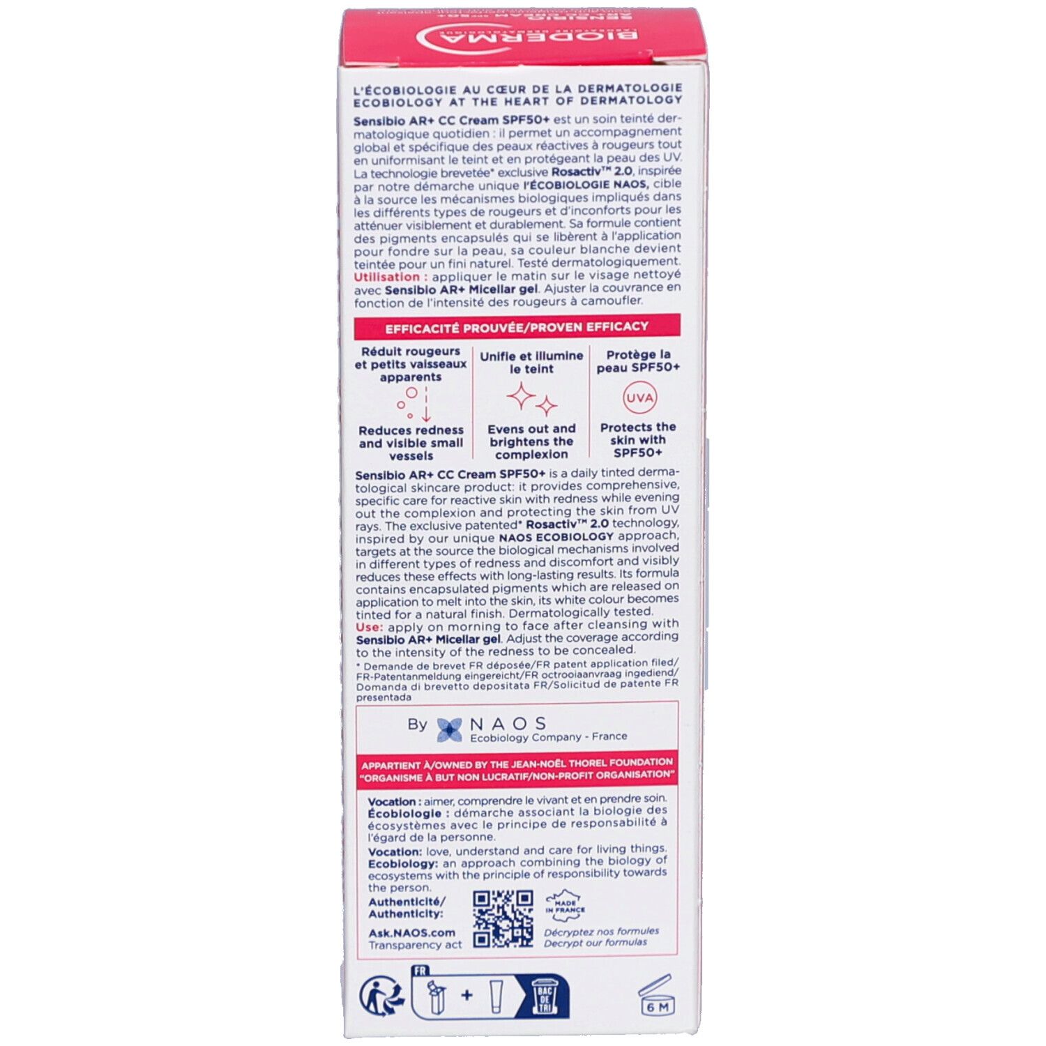 Seite der Schachtel mit Text in französischer Sprache. BIODERMA Sensibio AR+ CC Cream SPF50+.