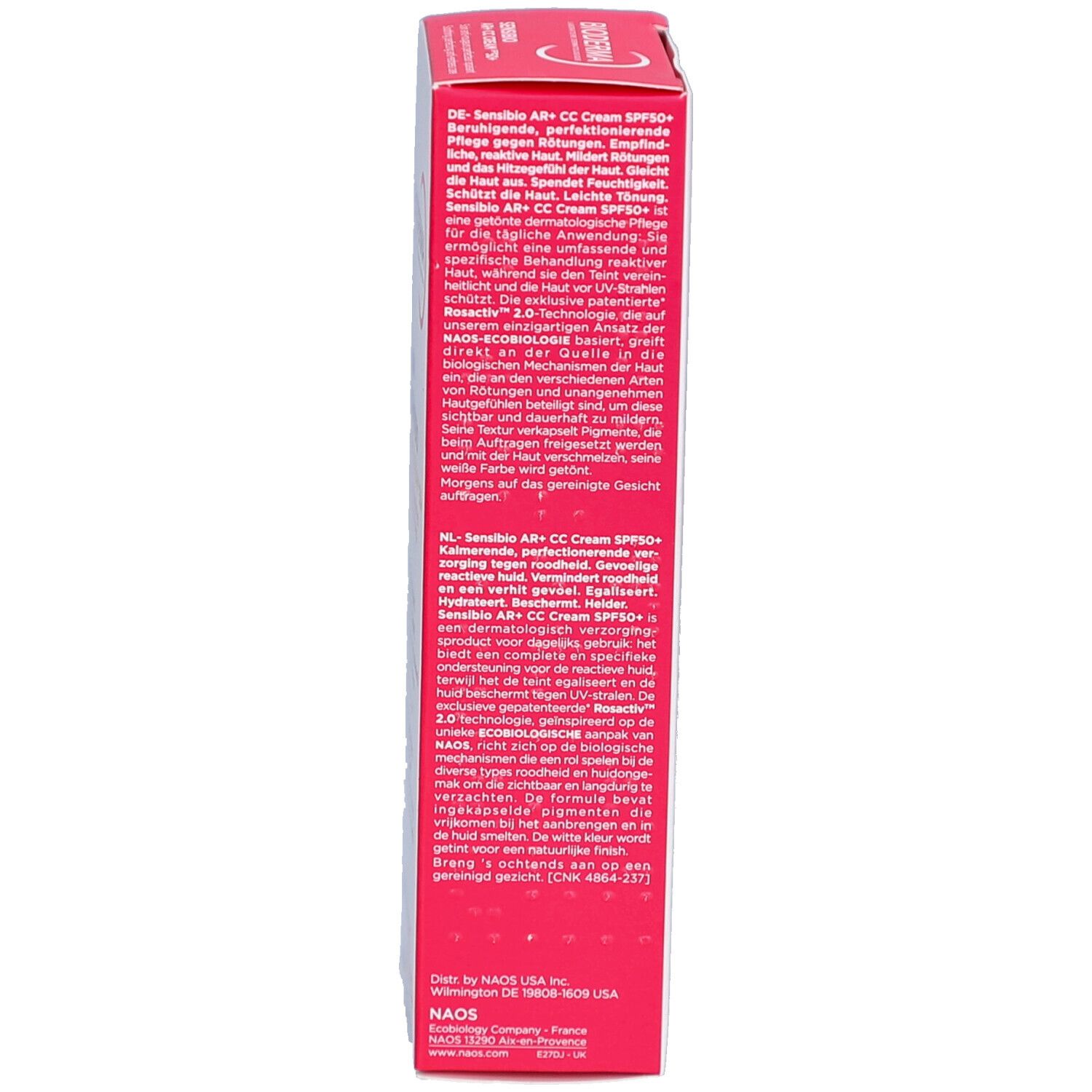 Seite der Schachtel mit Text in deutscher und niederländischer Sprache. BIODERMA Sensibio AR+ CC Cream SPF50+.