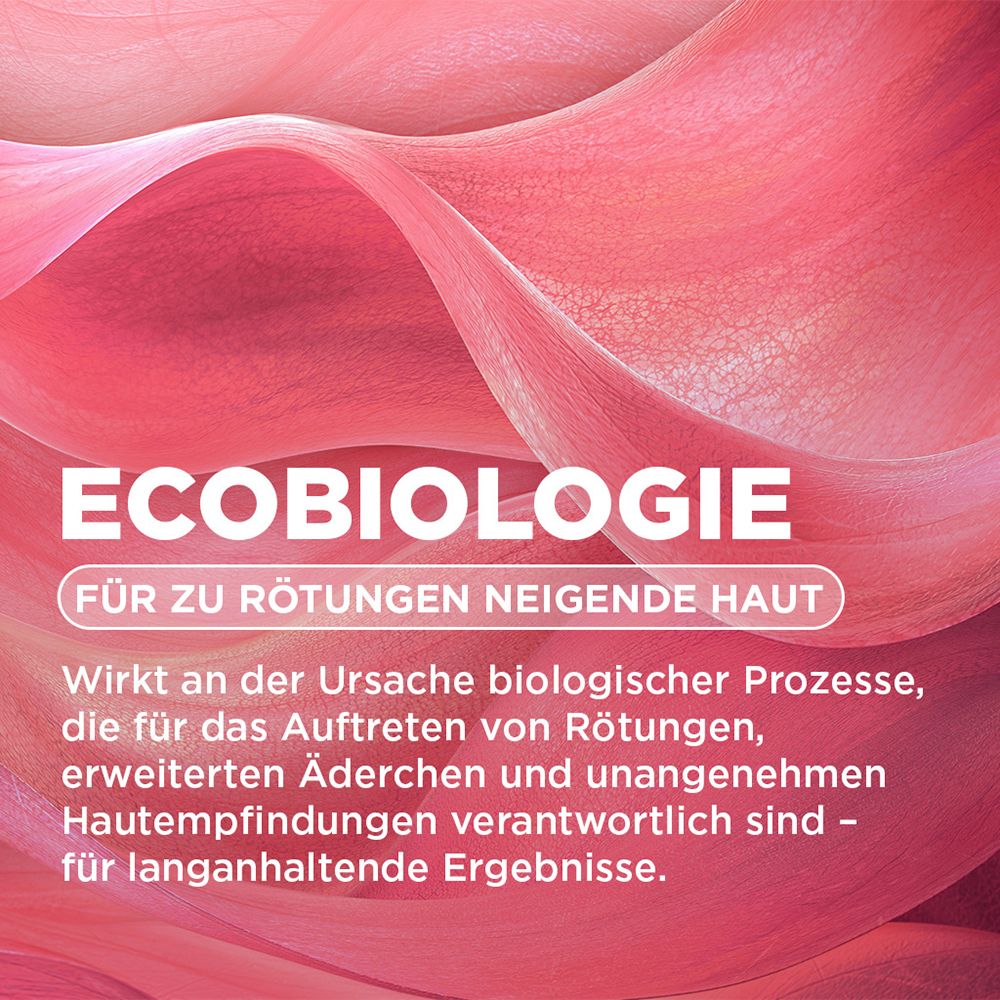 Abstrakte rosa Blütenblätter mit Text 'ECOBIOLOGIE FÜR ZU RÖTUNGEN NEIGENDE HAUT'.