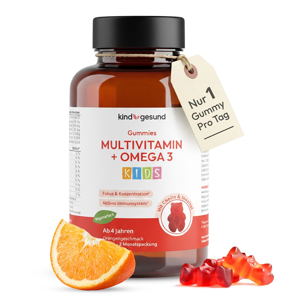 Braune Flasche mit kindgesund Gummies Multivitamin + Omega 3 Kids. Enthält Gummibärchen, eine Orange und ein Etikett.