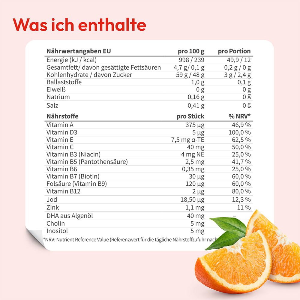 Nährwerttabelle für kindgesund Gummies Multivitamin + Omega 3 Kids. Enthält Informationen zu Nährstoffen und Vitaminen.