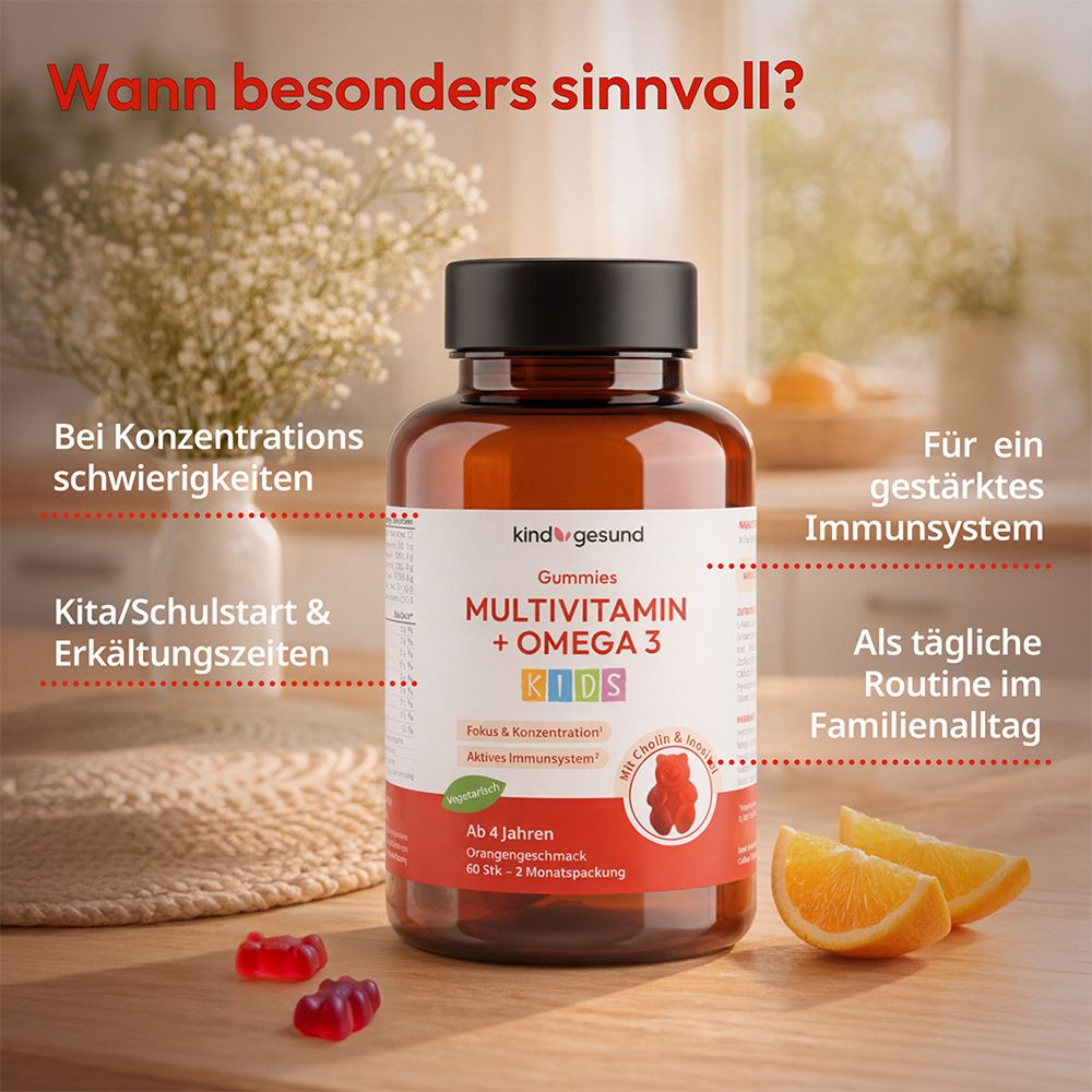 kindgesund Gummies Multivitamin + Omega 3 Kids. Flasche mit Text über Vorteile, wie Konzentration und Immunsystem.