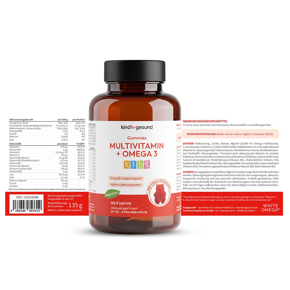Flasche Kindesgesund Gummies Multivitamin + Omega 3 Kids mit Nährwertangaben und Zutatenliste.