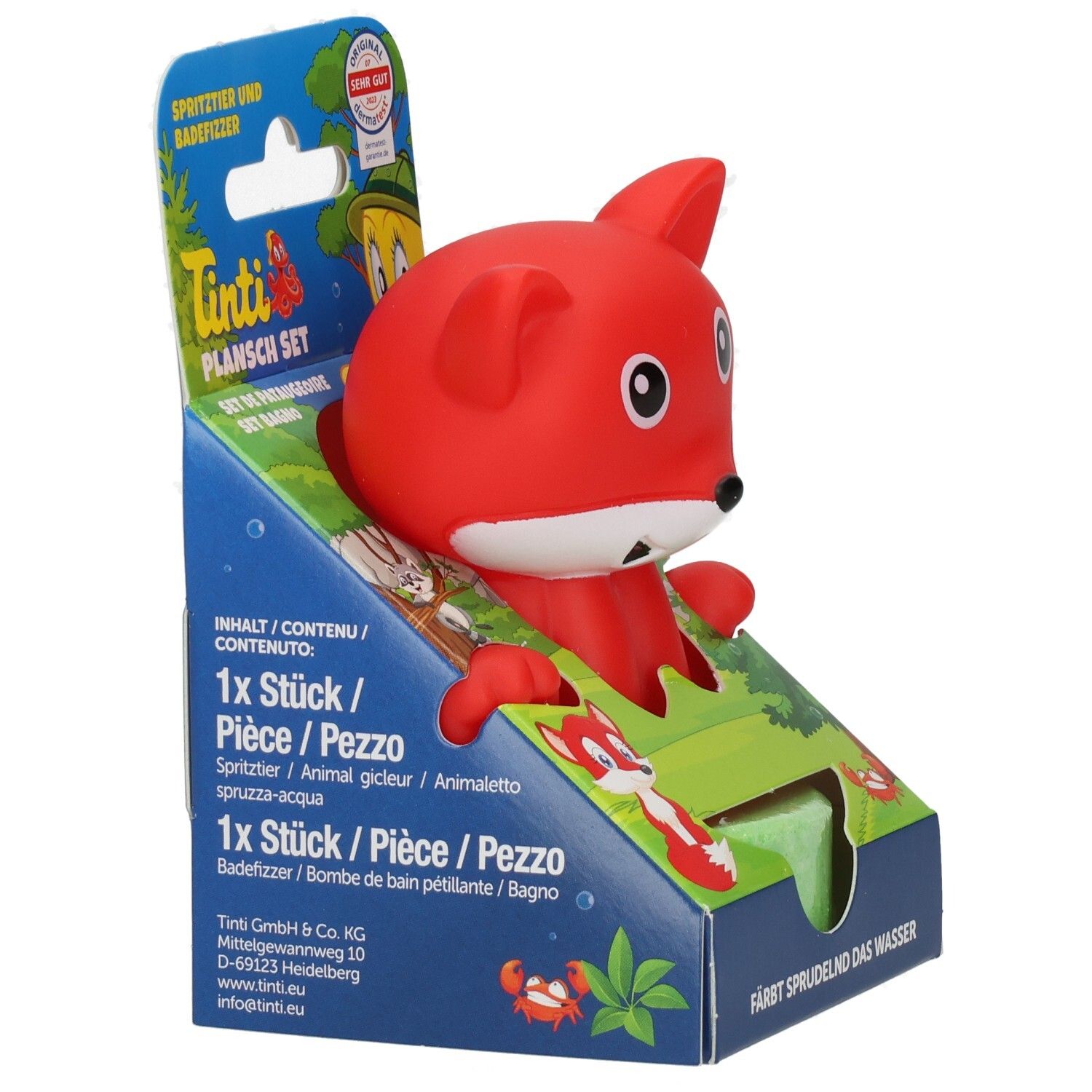 Roter Fuchsspritzguss für die Badewanne, verpackt in einer Kartonschachtel mit Waldmotiv und Produktinformationen.