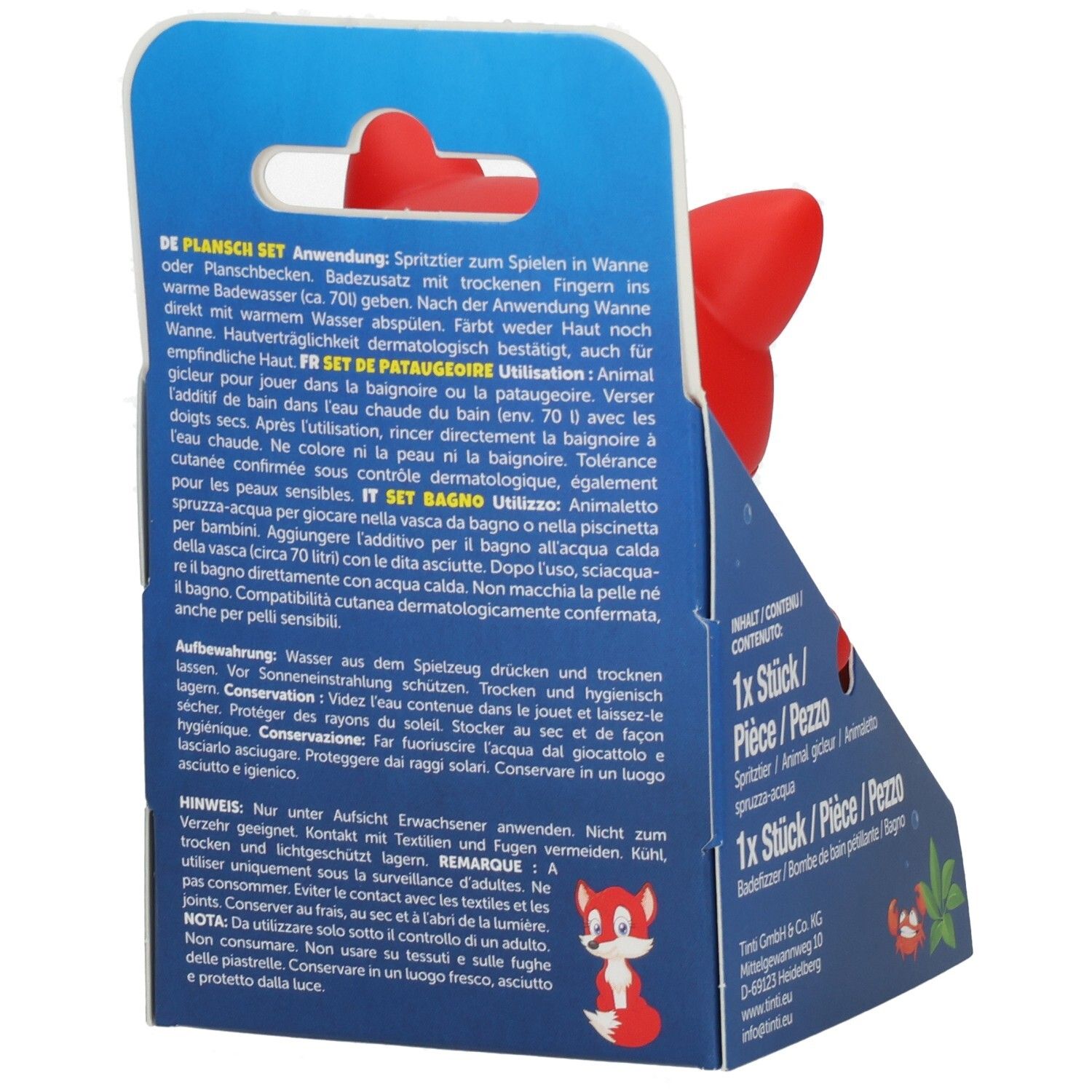 Rückseite einer Verpackung für einen roten Fuchsspritzguss, mit detaillierten Produktinformationen und Anwendungshinweisen.