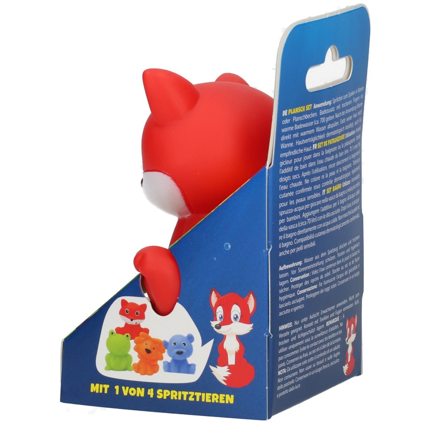 Seitenansicht einer Verpackung für einen roten Fuchsspritzguss, die andere Tiere der Serie zeigt.