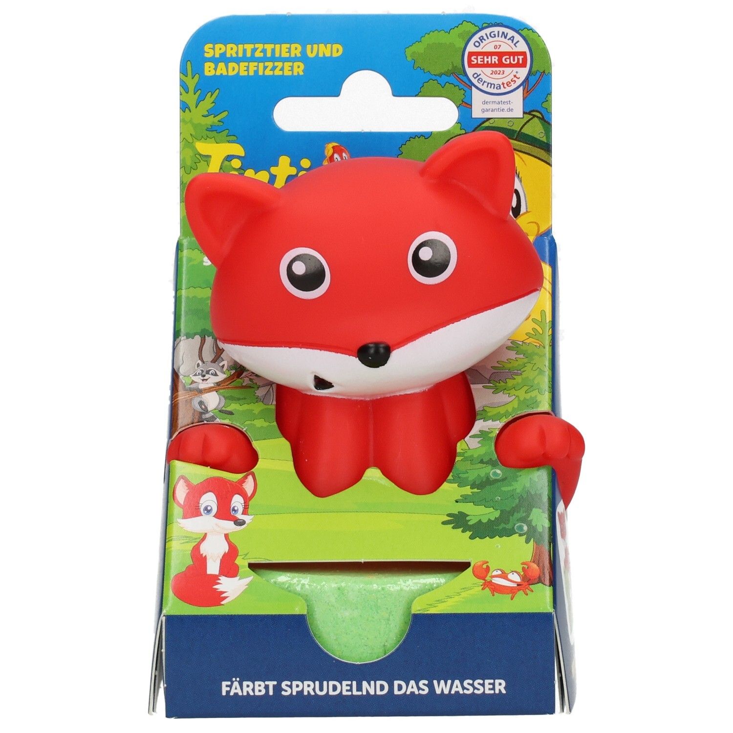 Roter Fuchsspritzguss für die Badewanne, verpackt in einer Kartonschachtel mit Waldmotiv und Qualitätssiegel.