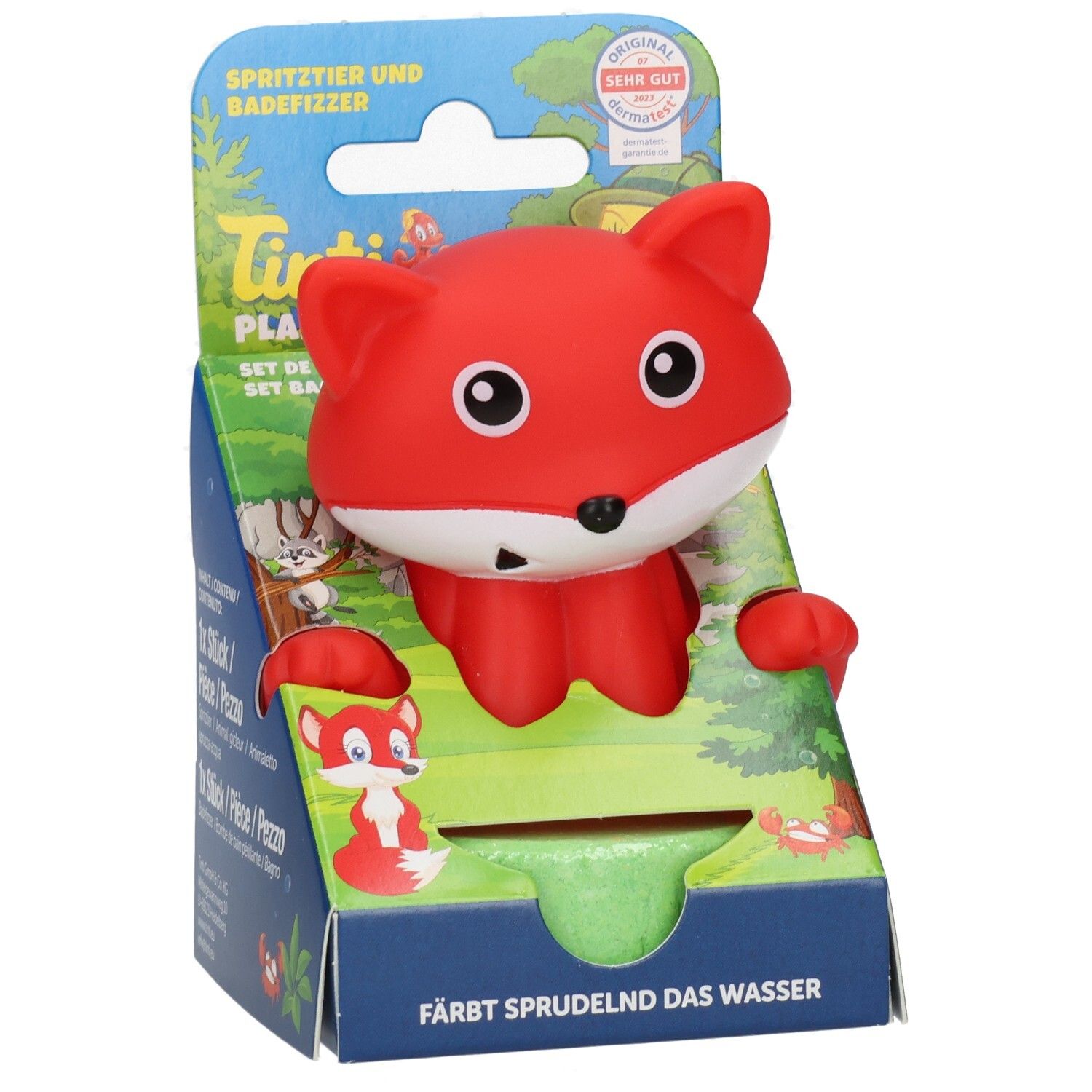 Roter Fuchsspritzguss für die Badewanne, verpackt in einer Kartonschachtel mit Waldmotiv und Produktnamen.