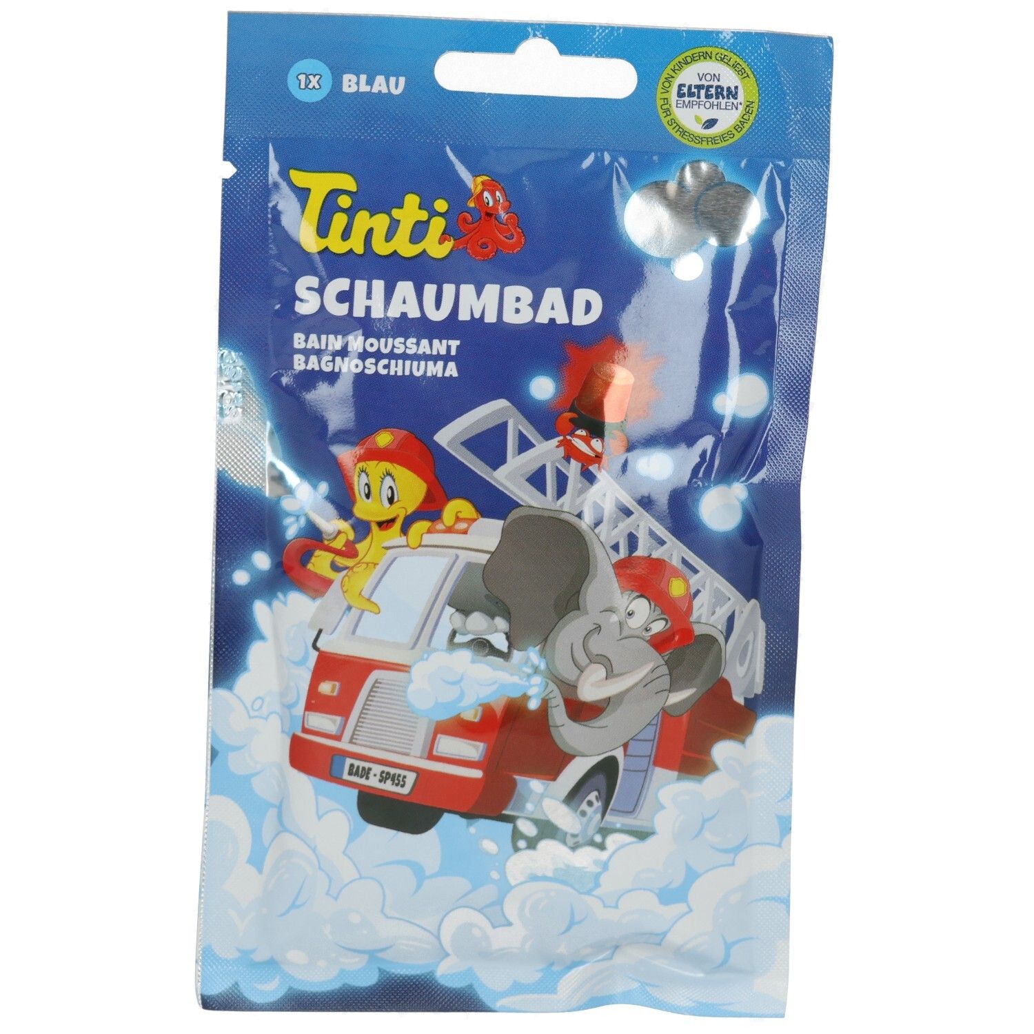 Vorderseite einer Tinti Schaumbad-Verpackung (blau) mit Comic-Illustration eines Feuerwehrautos.