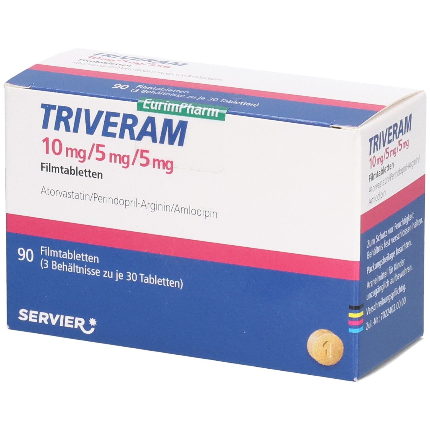 Karton TRIVERAM 10 mg/5 mg/5 mg Filmtabletten. 90 Tabletten. Blaue, rote und weiße Verpackung. Tabletten-Abbildung.