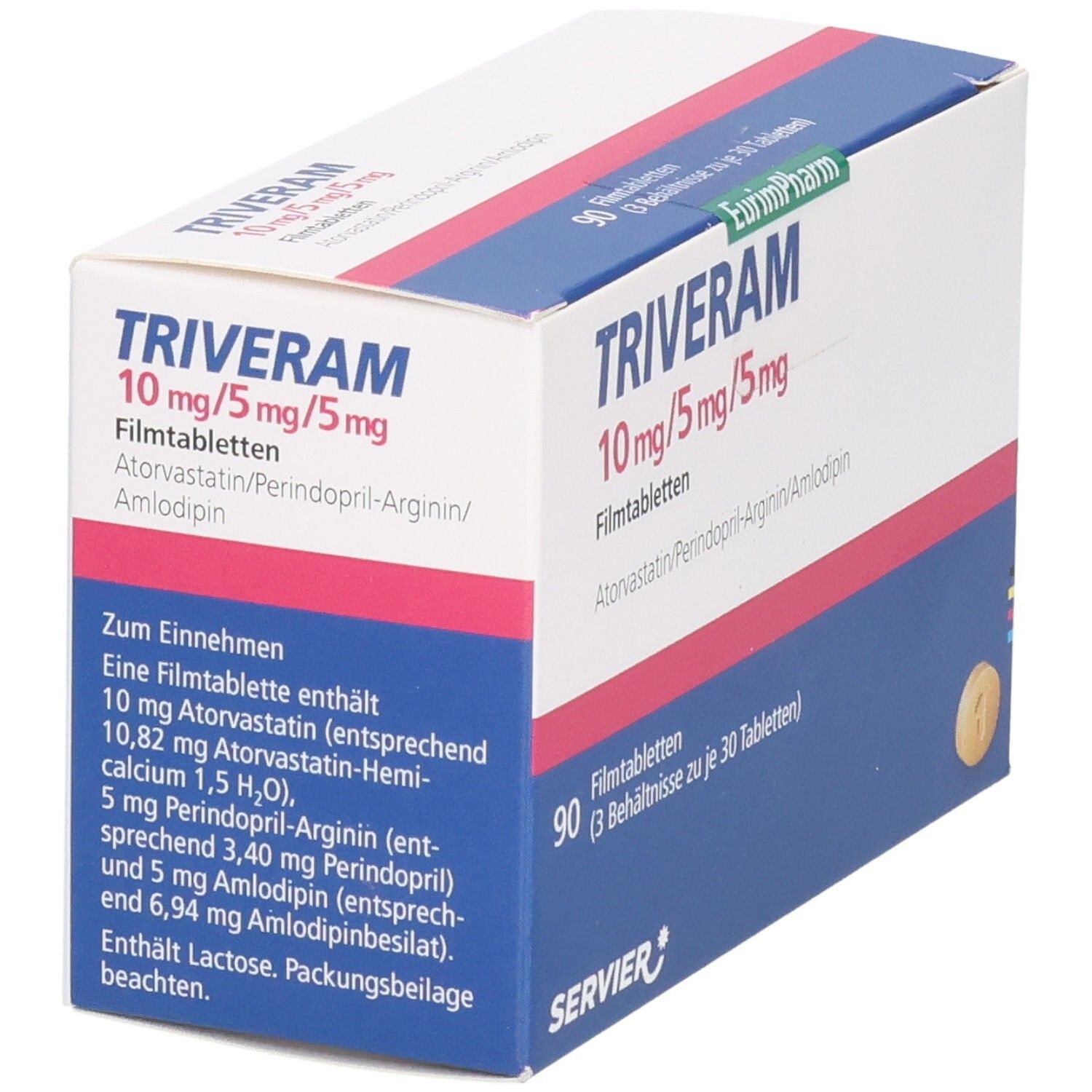 Karton TRIVERAM 10 mg/5 mg/5 mg Filmtabletten. Enthält 90 Tabletten. Blaue, rote und weiße Verpackung. Text über Inhaltsstoffe.