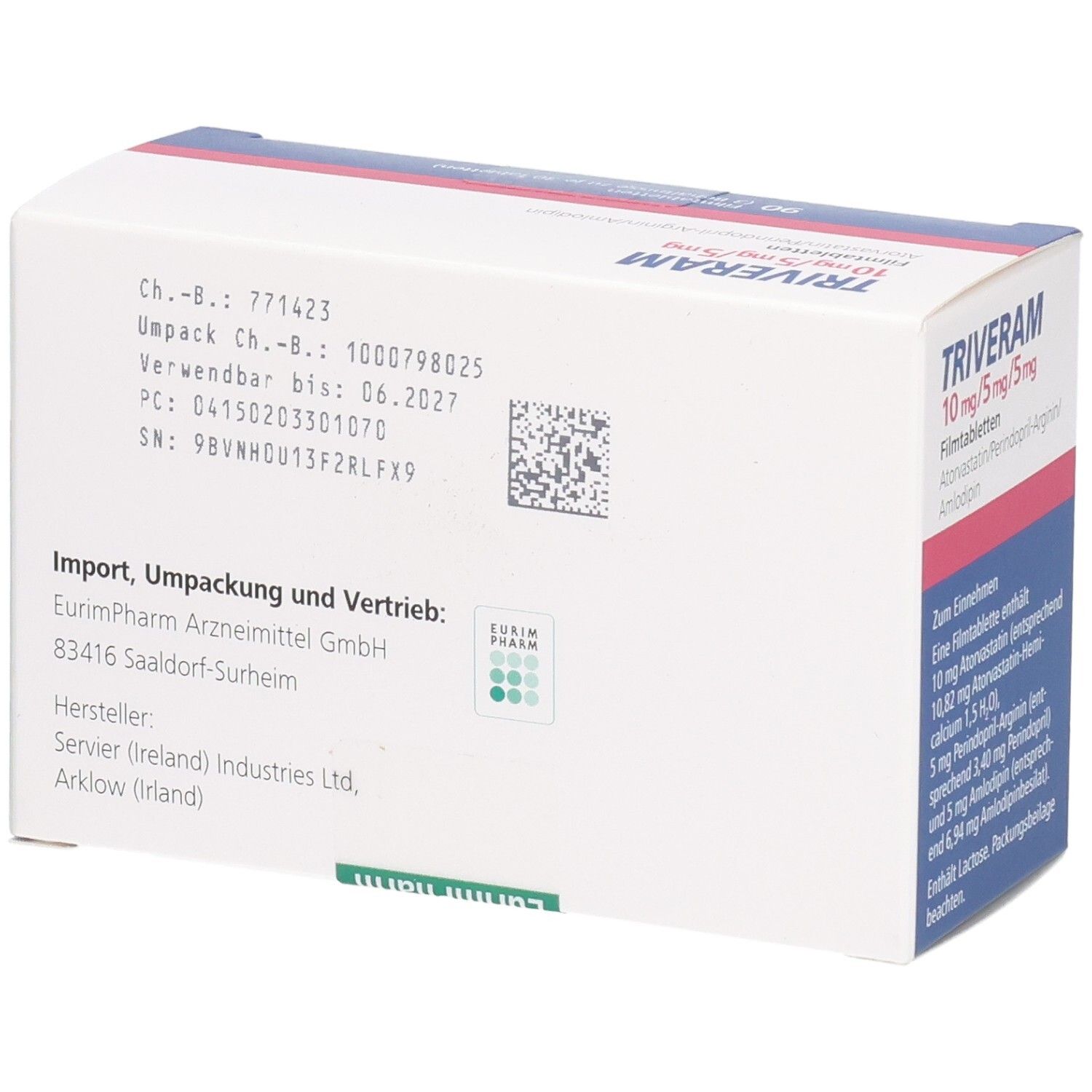 Rückseite der Verpackung von TRIVERAM 10 mg/5 mg/5 mg Filmtabletten. Text mit Informationen zu Import und Vertrieb.