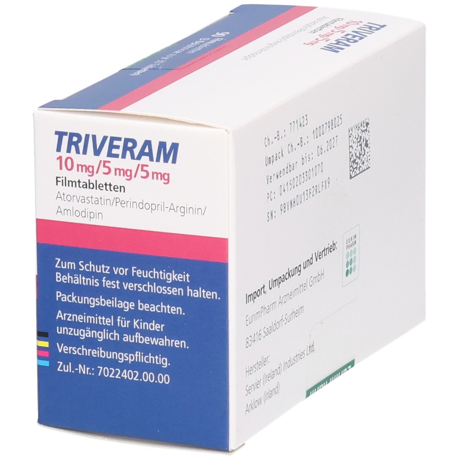 Verpackung von TRIVERAM 10 mg/5 mg/5 mg Filmtabletten. Text mit Warnhinweisen und Informationen. Blaue, rote und weiße Verpackung.