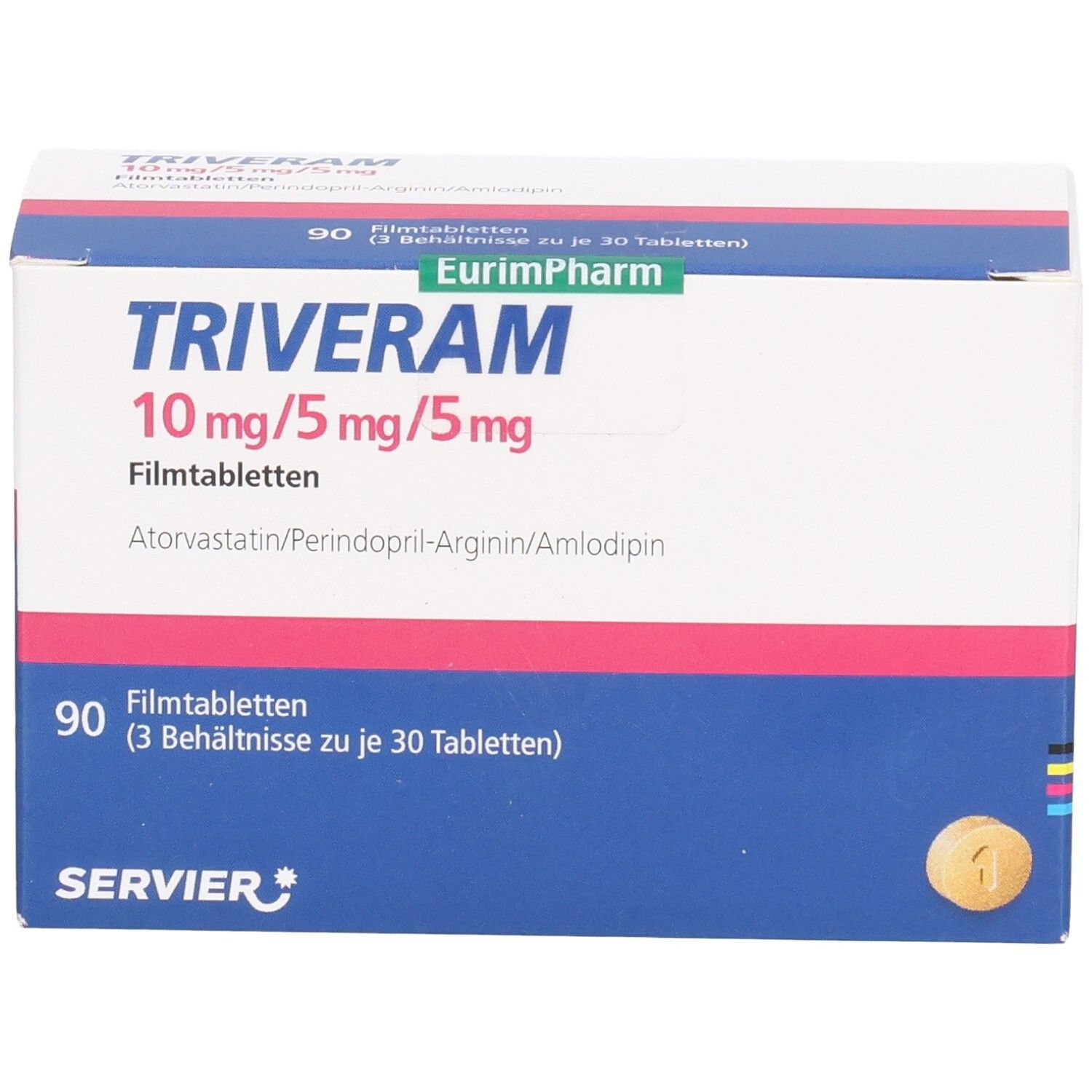 Karton TRIVERAM 10 mg/5 mg/5 mg Filmtabletten. 90 Tabletten. Blaue, rote und weiße Verpackung. Tabletten-Abbildung.