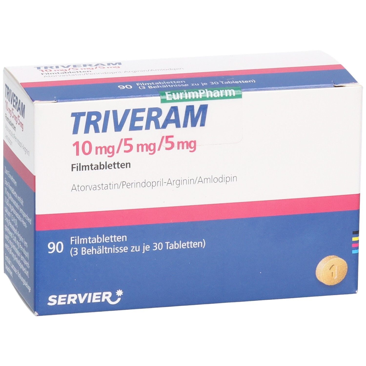 Karton TRIVERAM 10 mg/5 mg/5 mg Filmtabletten. 90 Tabletten. Blaue, rote und weiße Verpackung. Tabletten-Abbildung.