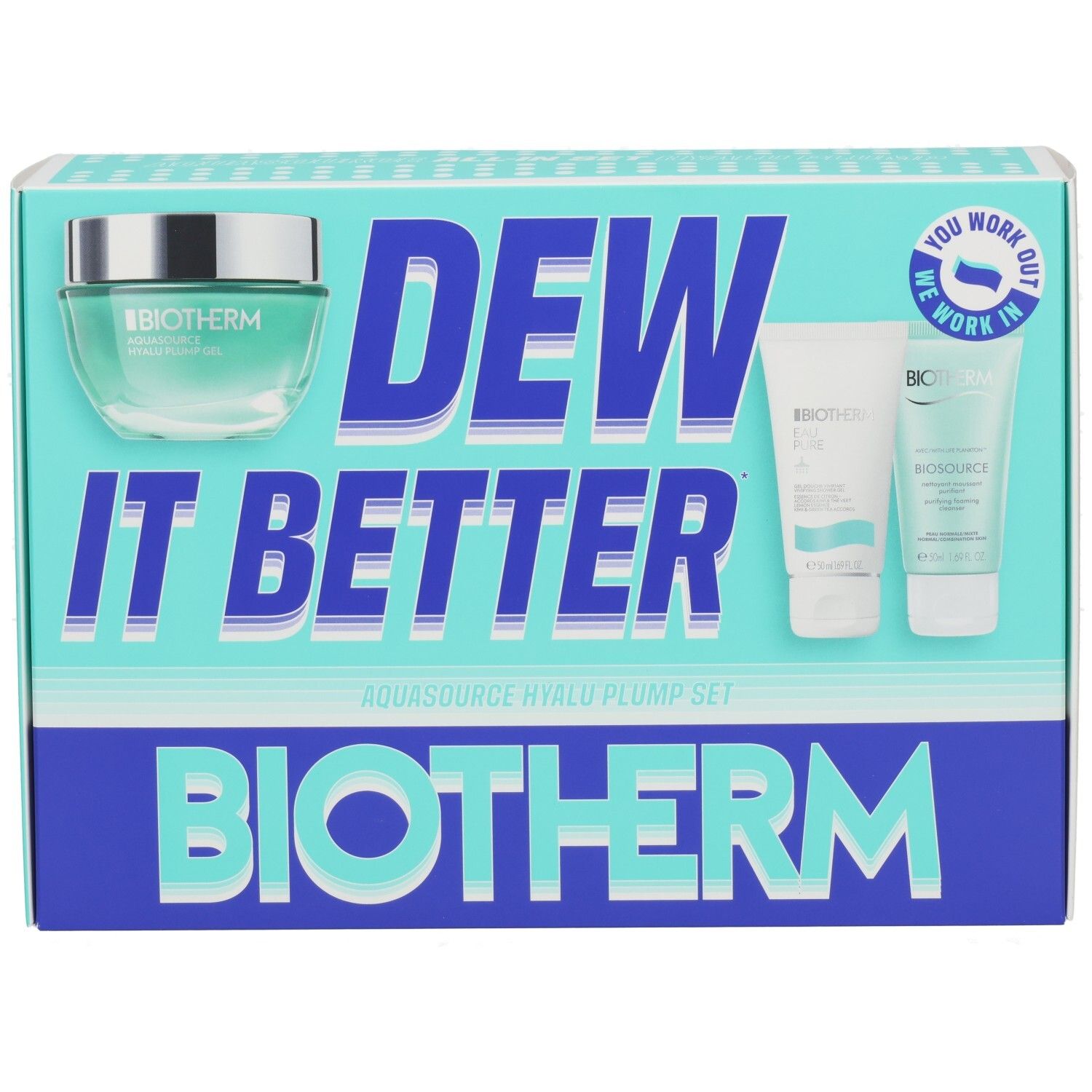Biotherm Aquasource Hyalu Plump Set: Feuchtigkeitscreme-Tiegel und zwei Tuben.