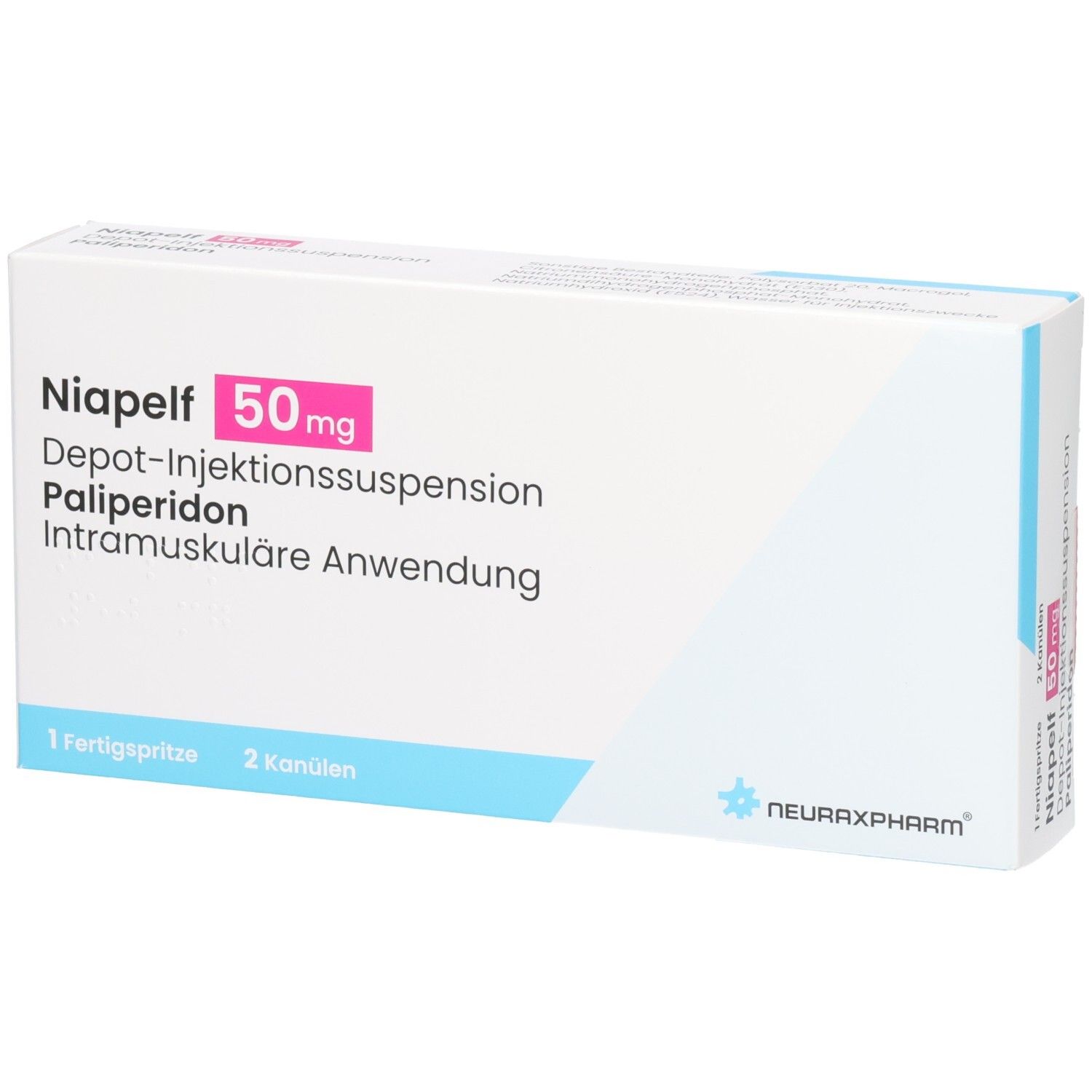 Karton von NIAPELF 50 mg Depot-Injektionssuspension. Enthält 1 Fertigspritze und 2 Kanülen. Marke: neuraxpharm.
