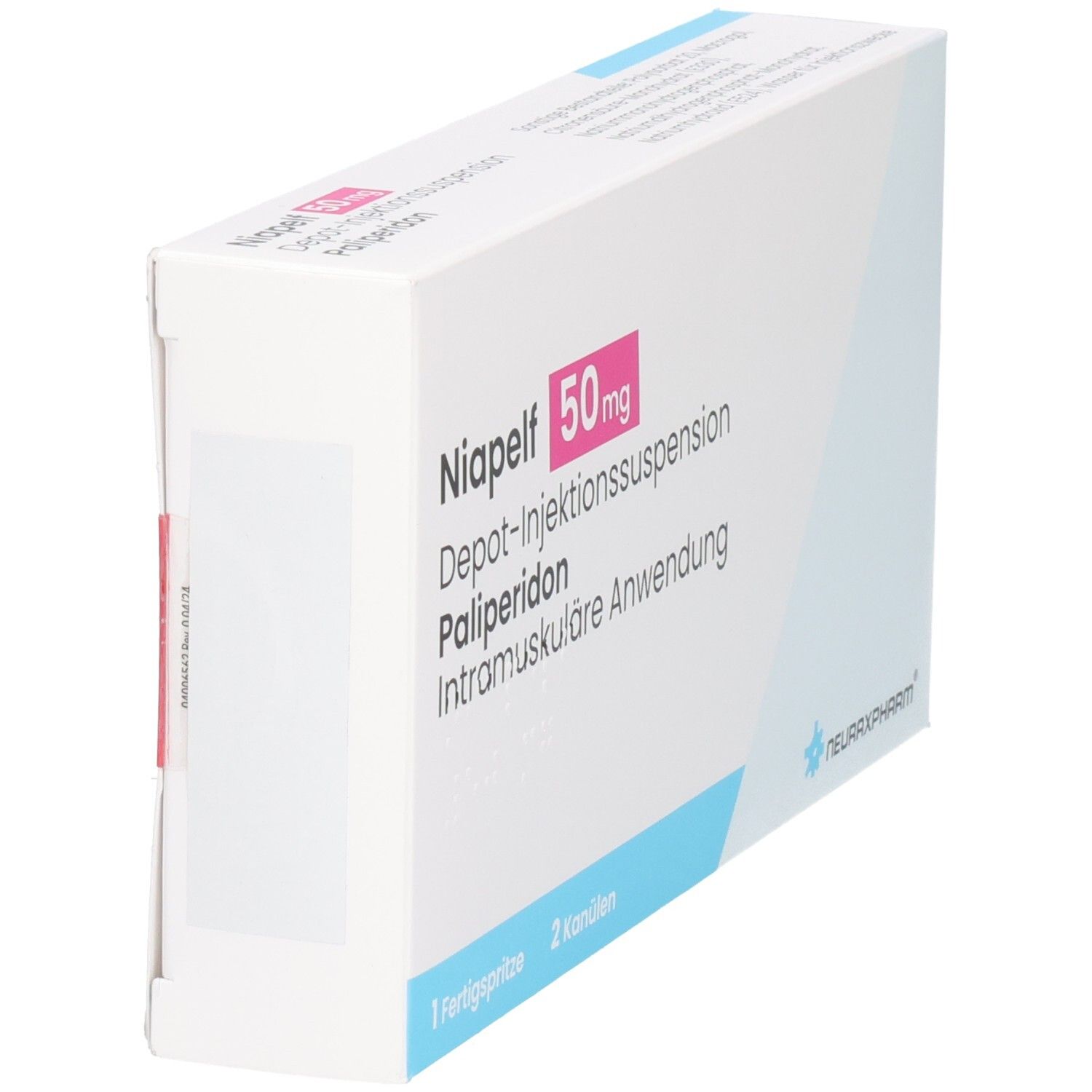 Schrägansicht des Kartons von NIAPELF 50 mg Depot-Injektionssuspension. Enthält 1 Fertigspritze und 2 Kanülen.