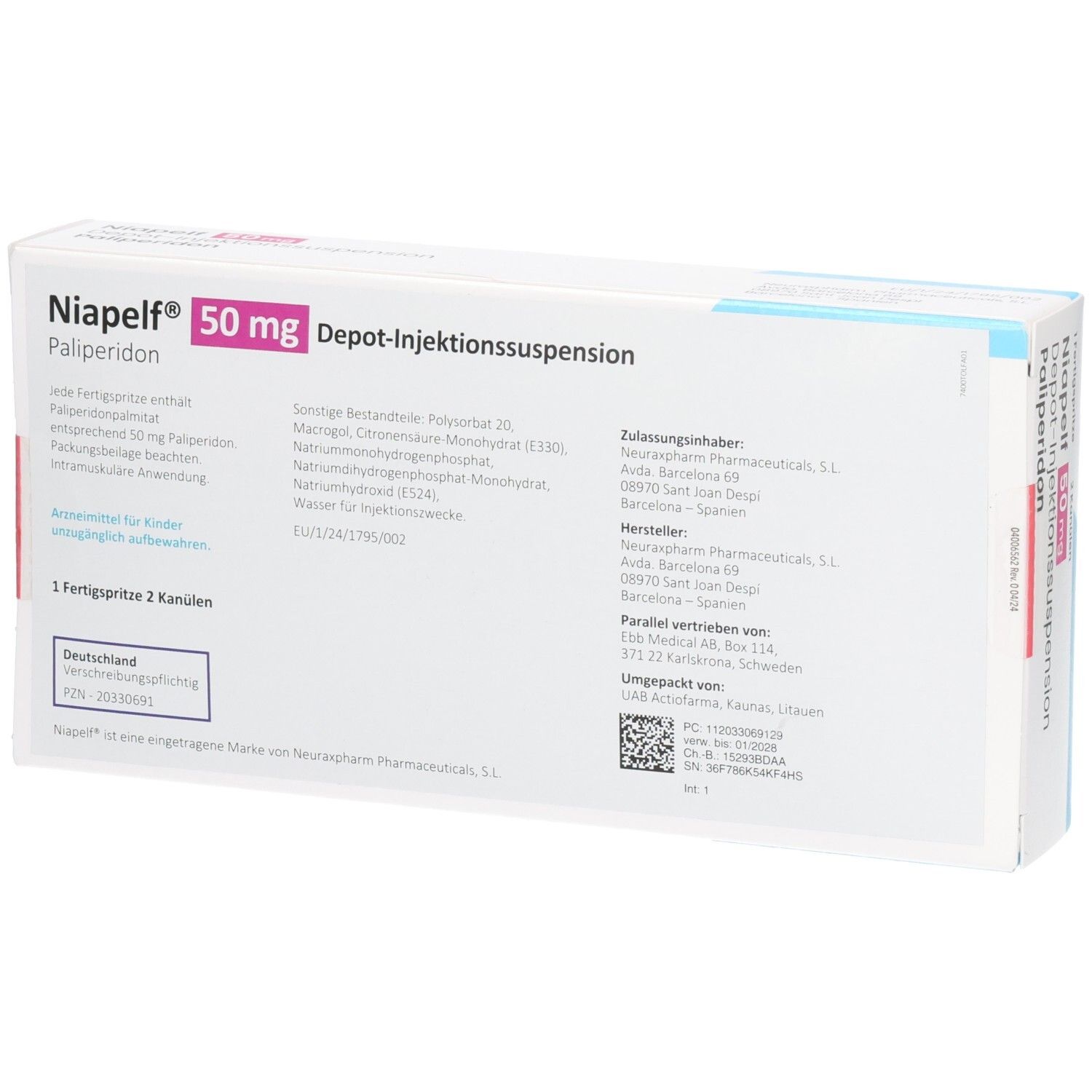 Rückseite des Kartons von NIAPELF 50 mg Depot-Injektionssuspension. Enthält Informationen und Inhaltsstoffe.