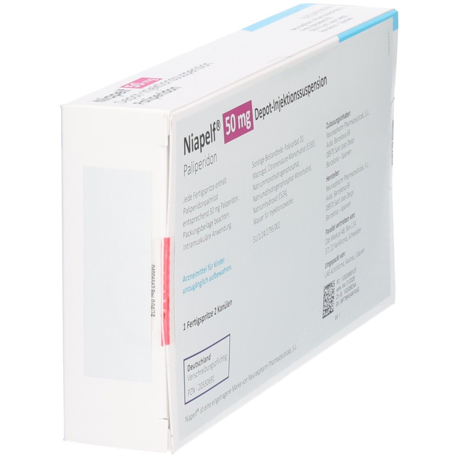 Schrägansicht der Rückseite des Kartons von NIAPELF 50 mg Depot-Injektionssuspension. Informationen und Inhaltsstoffe.