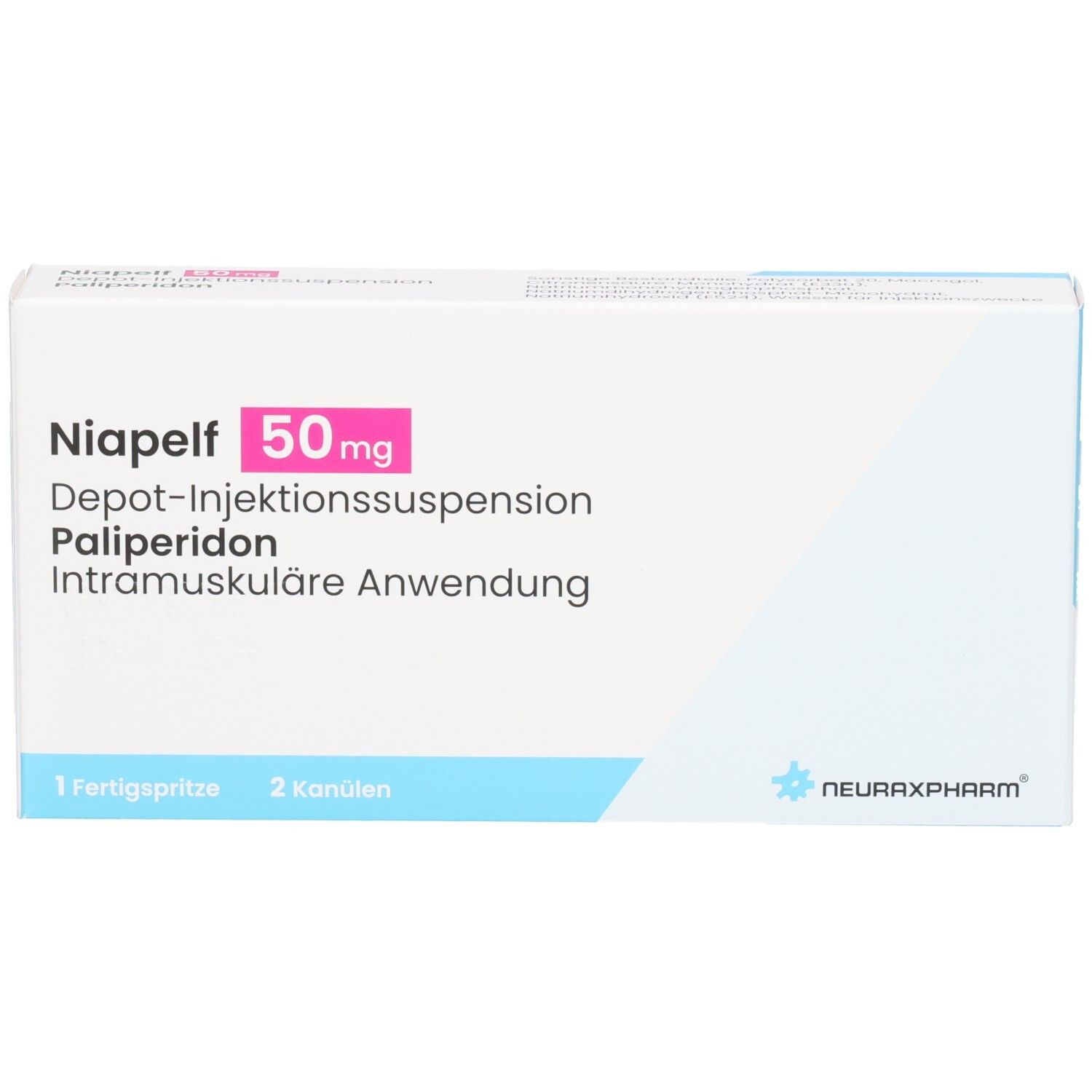 Karton von NIAPELF 50 mg Depot-Injektionssuspension. Enthält 1 Fertigspritze und 2 Kanülen. Marke: neuraxpharm.