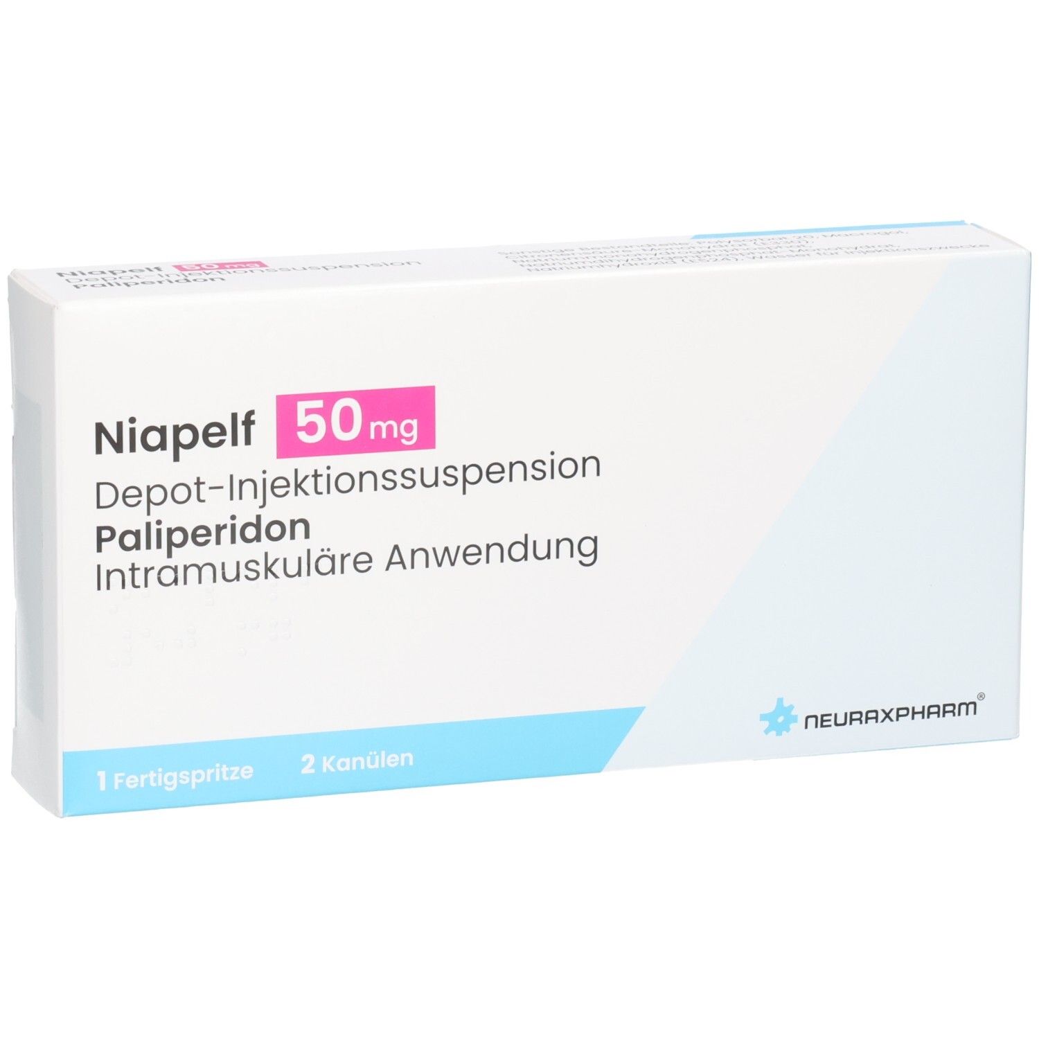 Karton von NIAPELF 50 mg Depot-Injektionssuspension. Enthält 1 Fertigspritze und 2 Kanülen. Marke: neuraxpharm.