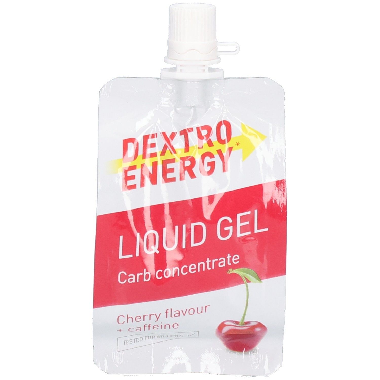 Beutel mit DEXTRO ENERGY Liquid Gel. Rote und weiße Verpackung. Kirschgeschmack und Koffein. Abbildung einer Kirsche.