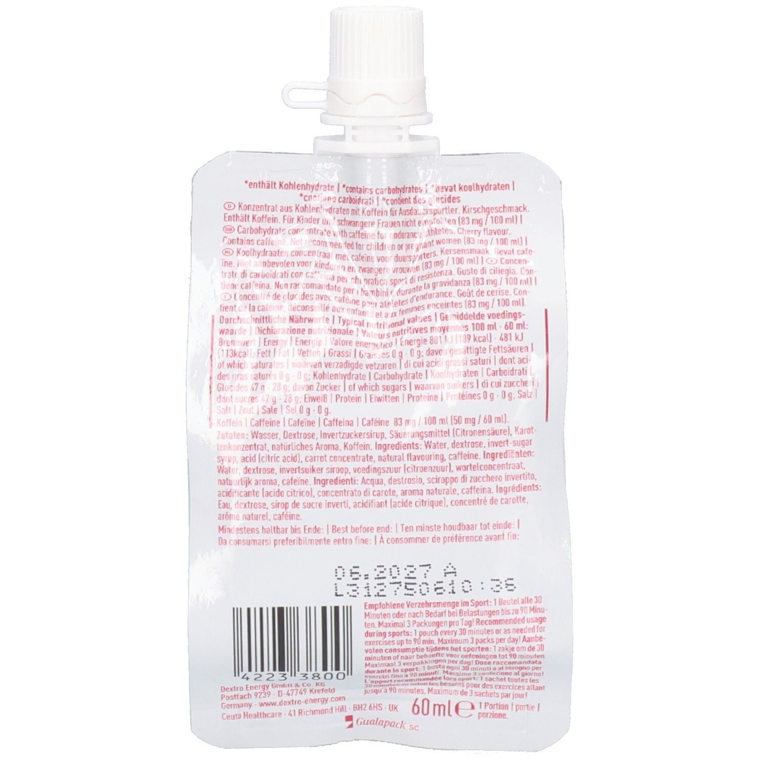 Rückseite des DEXTRO ENERGY Liquid Gel Beutels. Textinformationen in verschiedenen Sprachen. Barcode und Mindesthaltbarkeitsdatum.