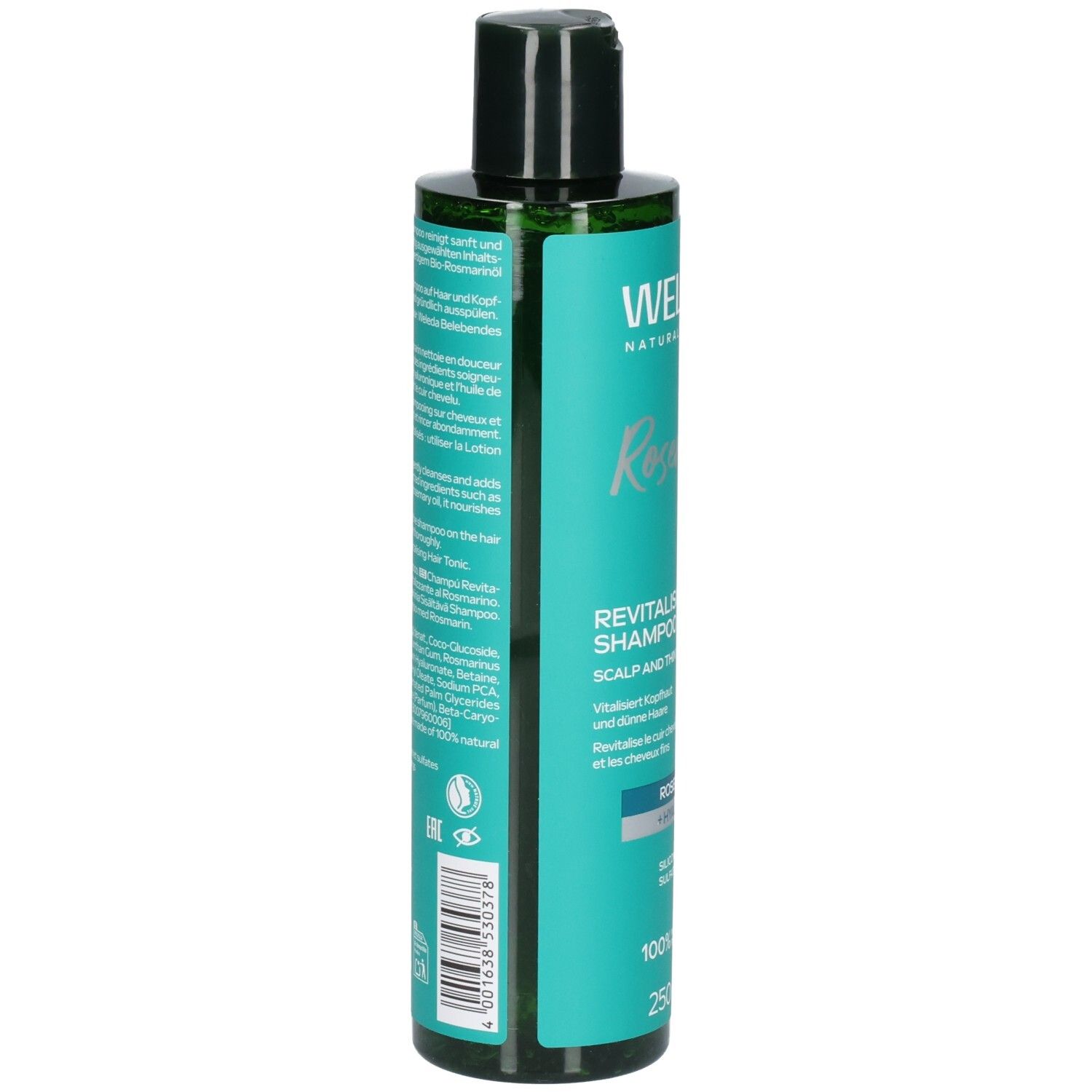 Rückseite der WELEDA Rosemary revitalisierenden Shampoo-Flasche mit Inhaltsstoffen.