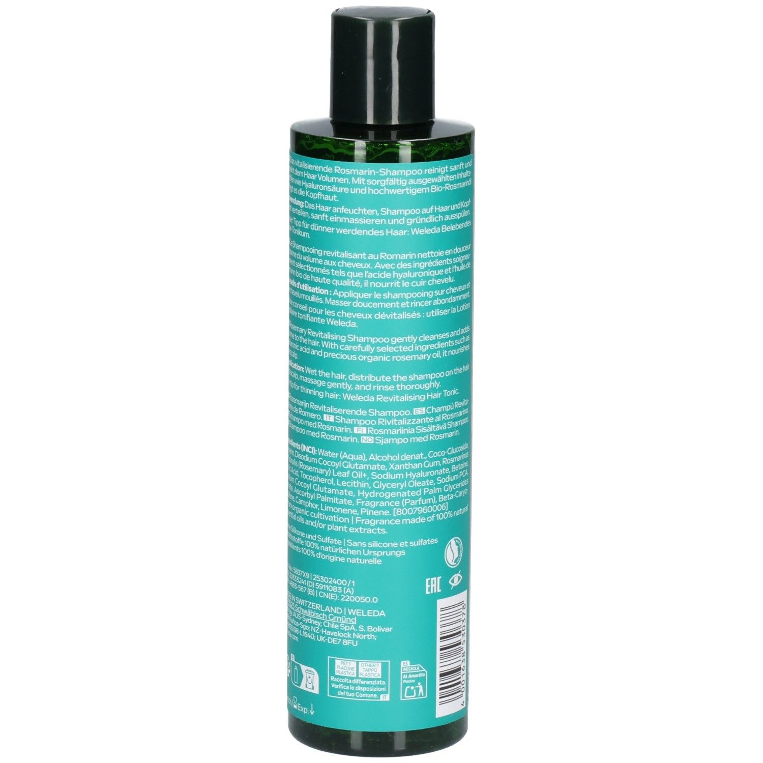 Rückseite der WELEDA Rosemary revitalisierenden Shampoo-Flasche mit Anwendungshinweisen.