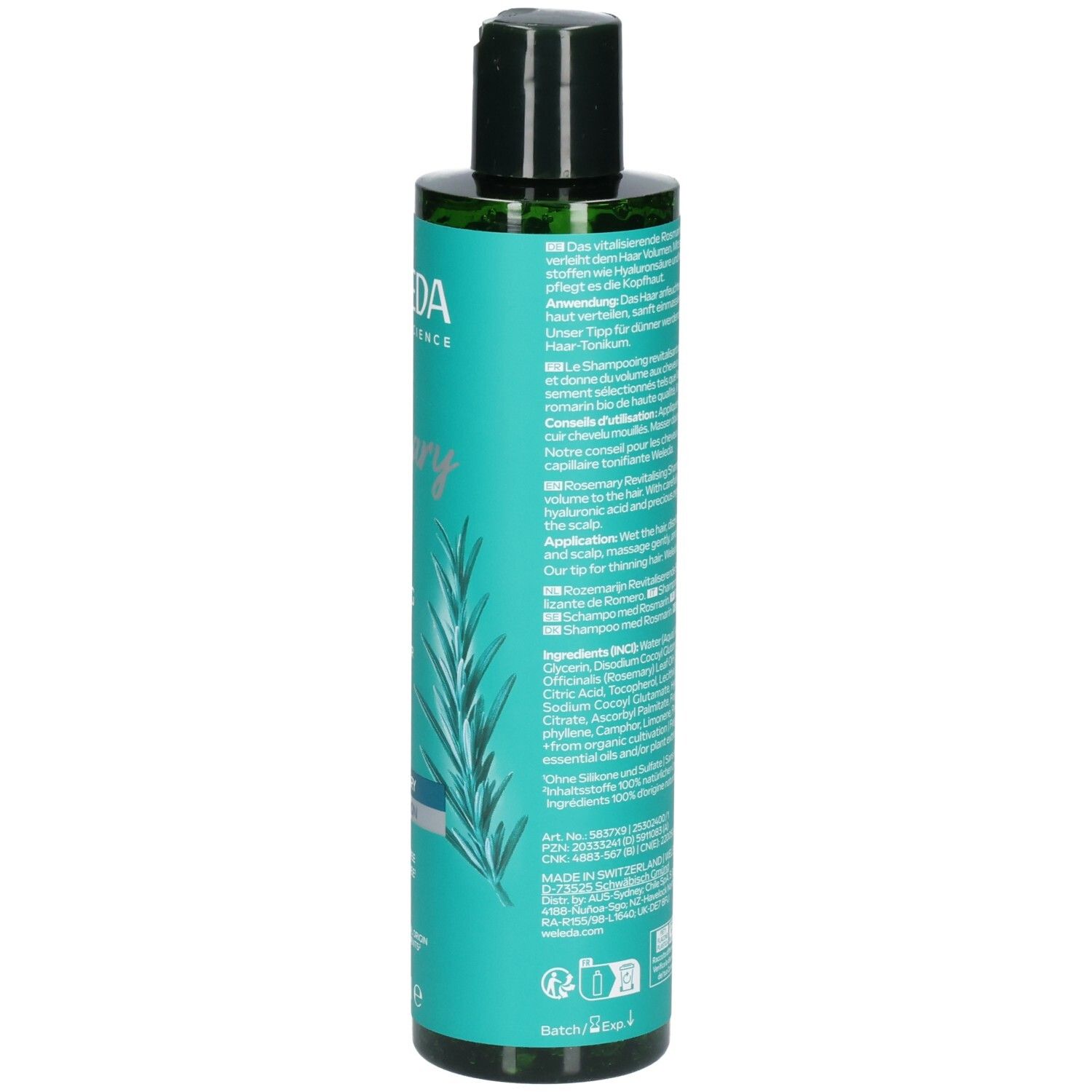 Rückseite der WELEDA Rosemary revitalisierenden Shampoo-Flasche mit Inhaltsstoffen und Zertifizierungen.