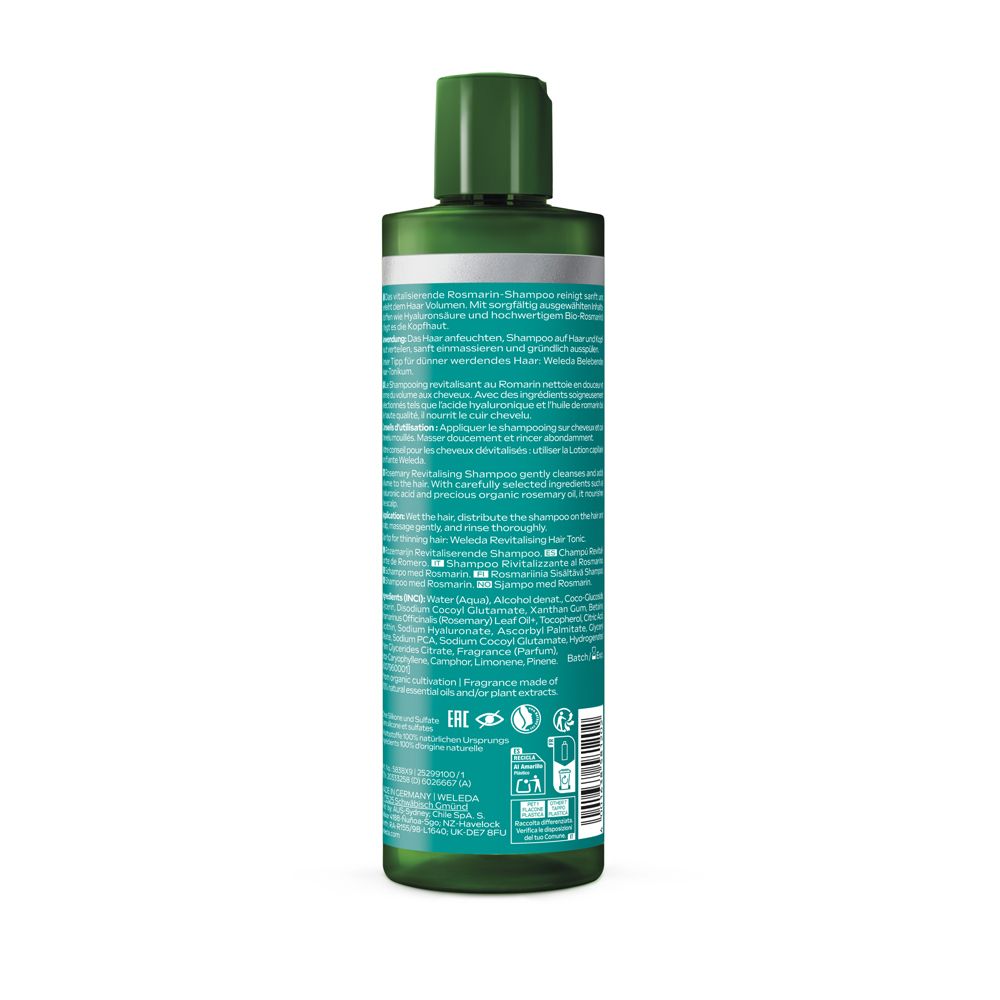 Rückseite der Weleda Vitalisierende Rosmarin Shampoo Flasche mit Anwendungshinweisen und Inhaltsstoffen.