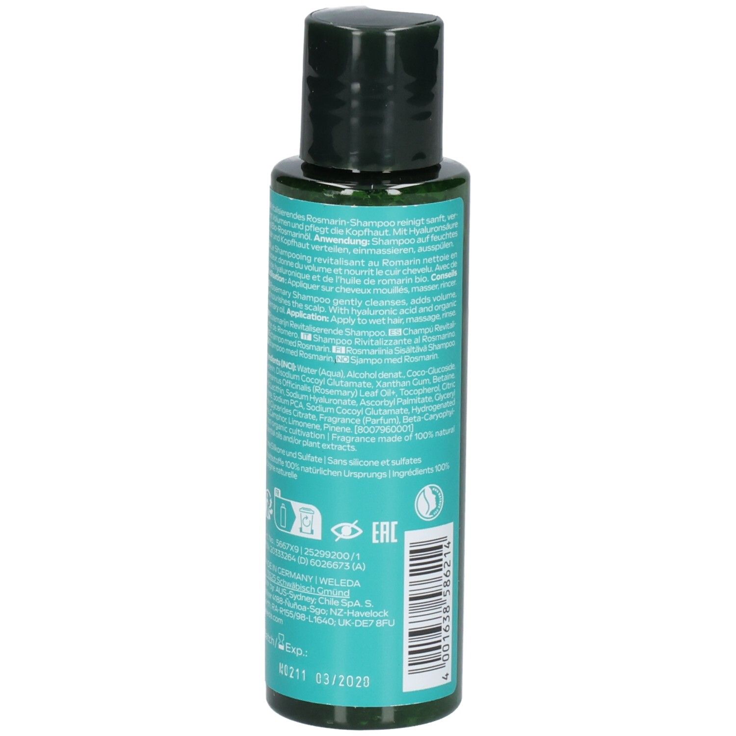 Weleda Rosmarin Revitalising Shampoo Rückseite mit Inhaltsstoffen und Siegeln.