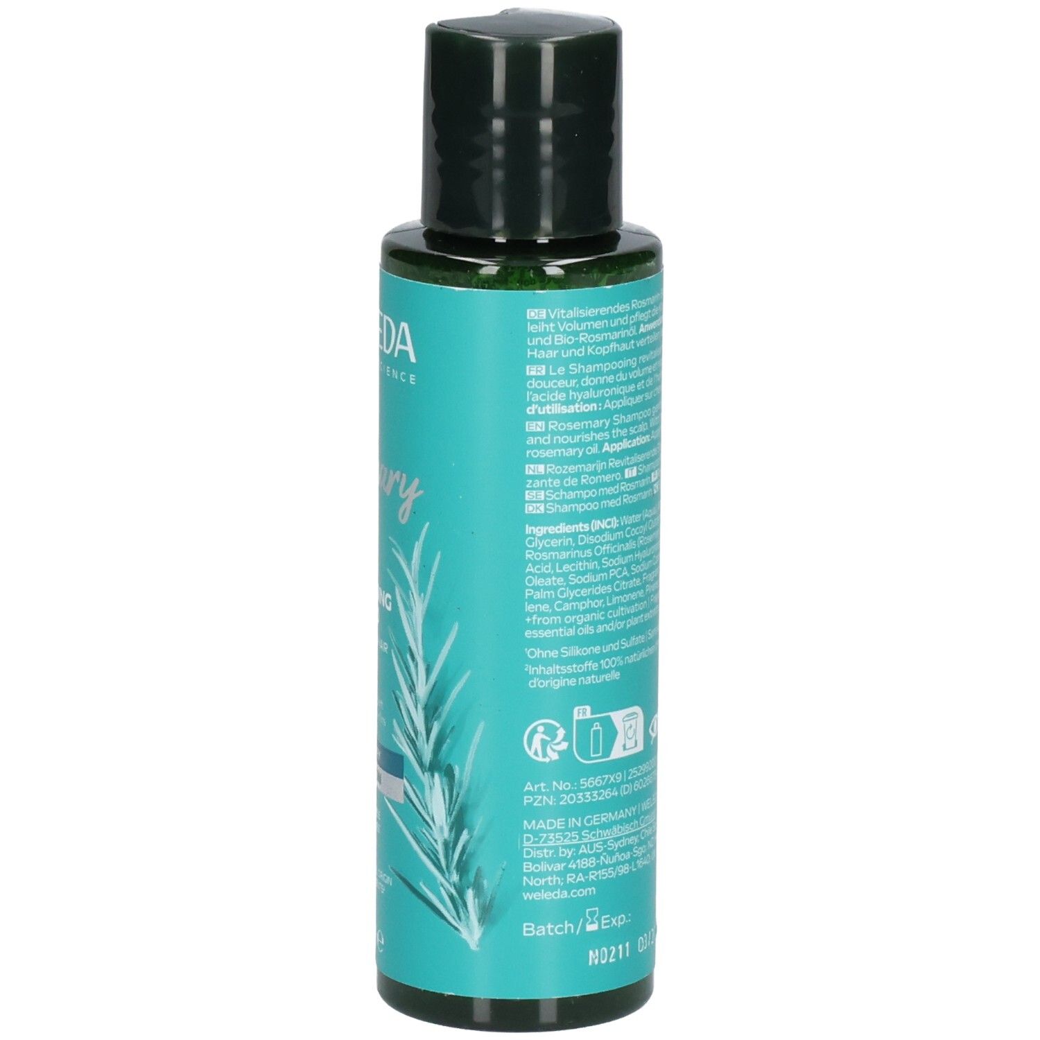 Weleda Rosmarin Revitalising Shampoo Rückseite mit Inhaltsstoffen und Siegeln.