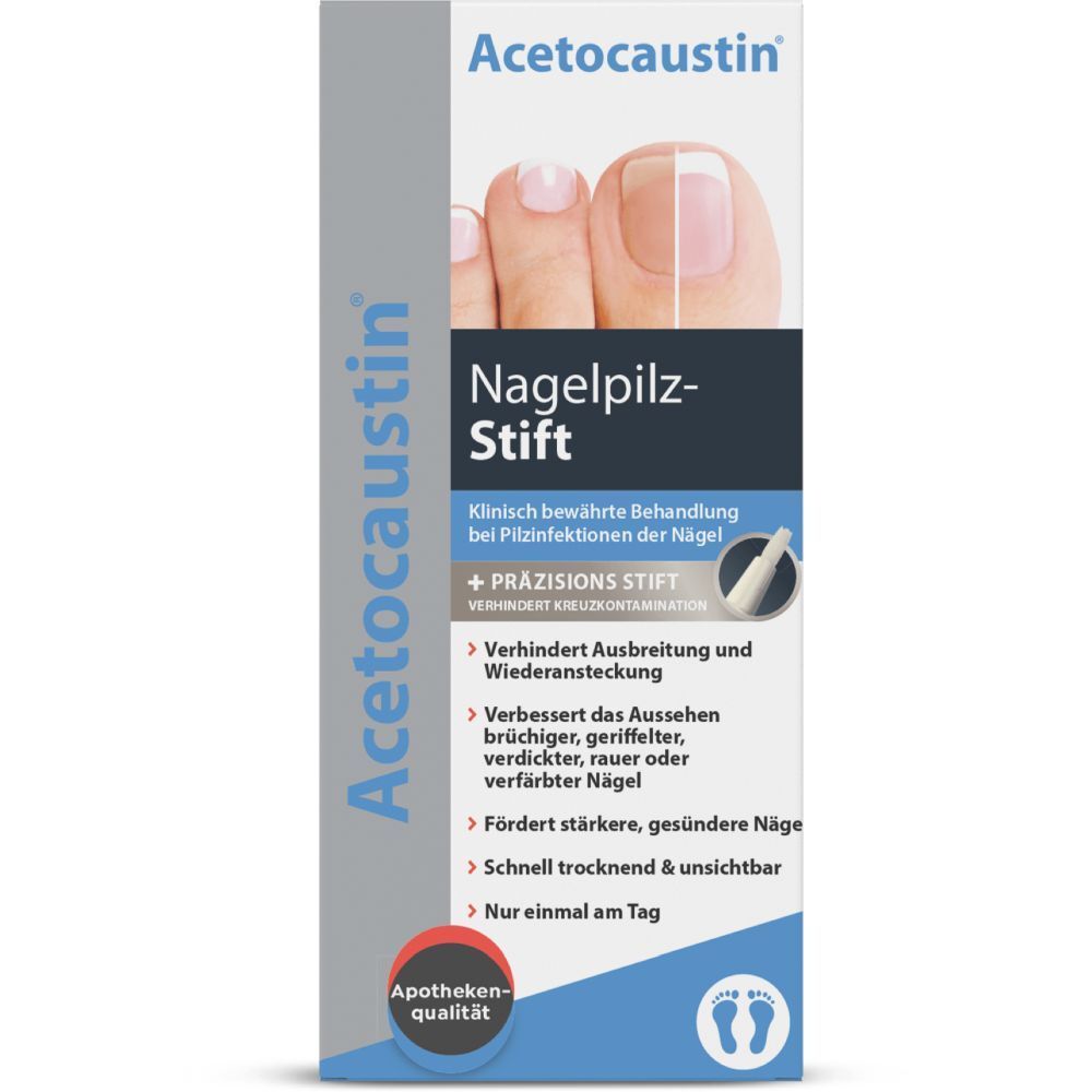 Verpackung des Acetocaustin Nagelpilz-Stifts mit Abbildung eines gesunden und eines behandelten Nagels.