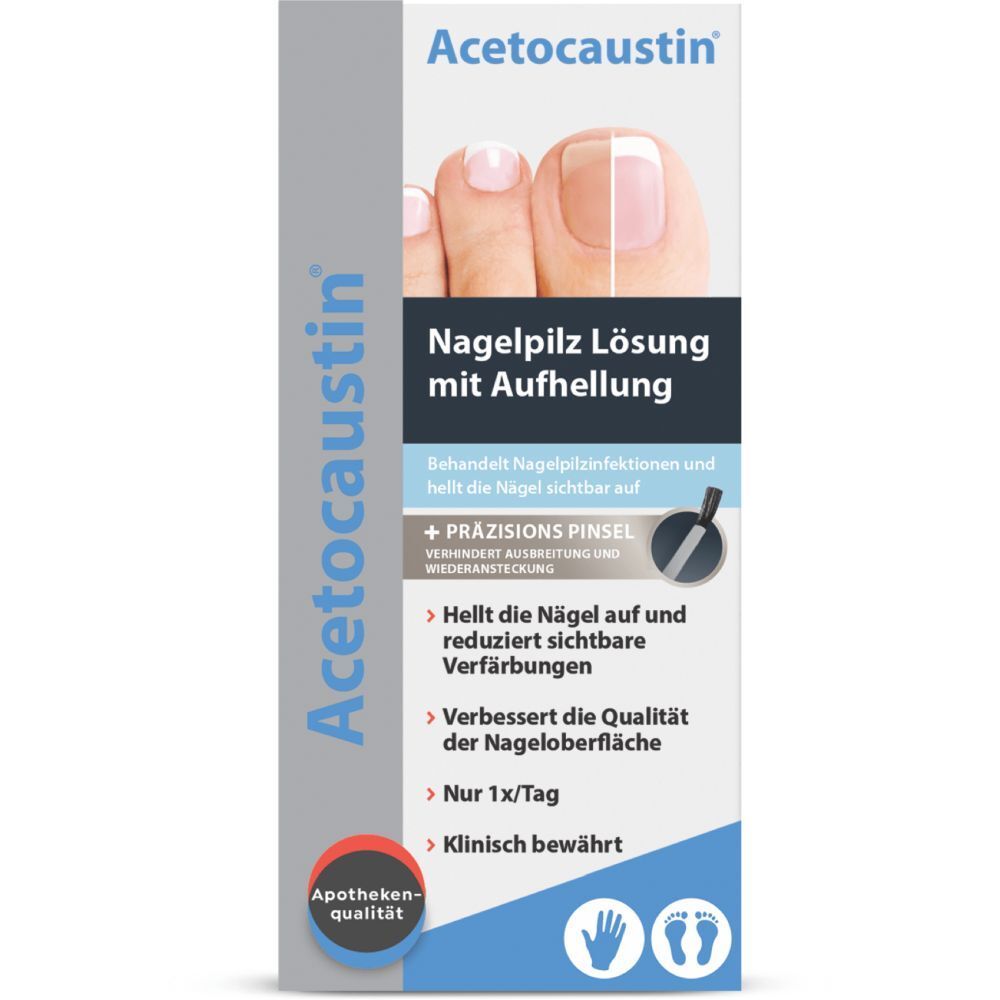 Verpackung von Acetocaustin Nagelpilz Lösung mit Aufhellung. Zeigt gesunden und betroffenen Nagel.