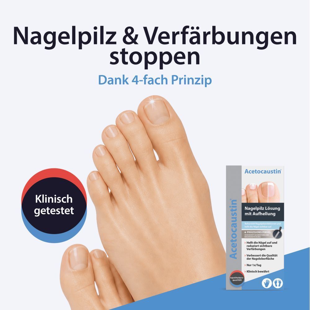 Fuß mit gesunden Nägeln. Daneben eine kleine Packung Acetocaustin Nagelpilz Lösung.