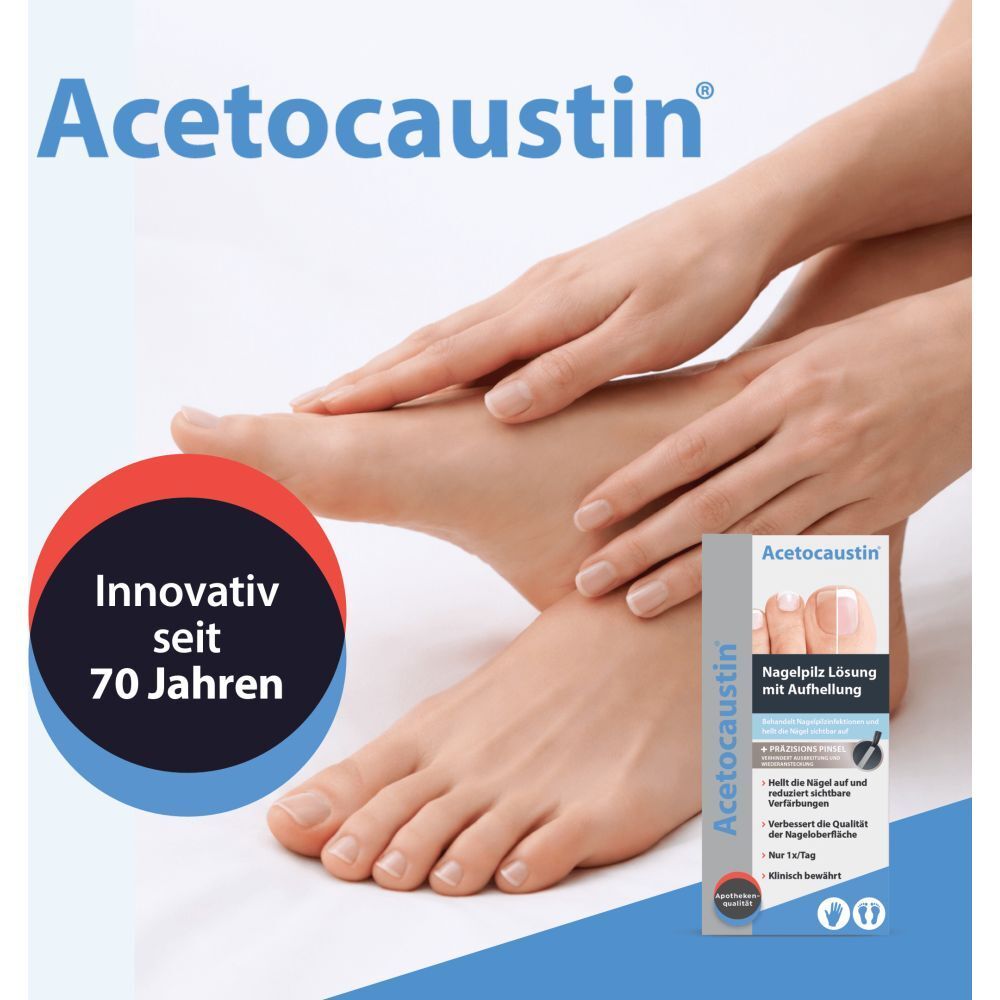 Verpackung von Acetocaustin Nagelpilz Lösung mit Aufhellung. Zeigt gesunden und betroffenen Nagel.