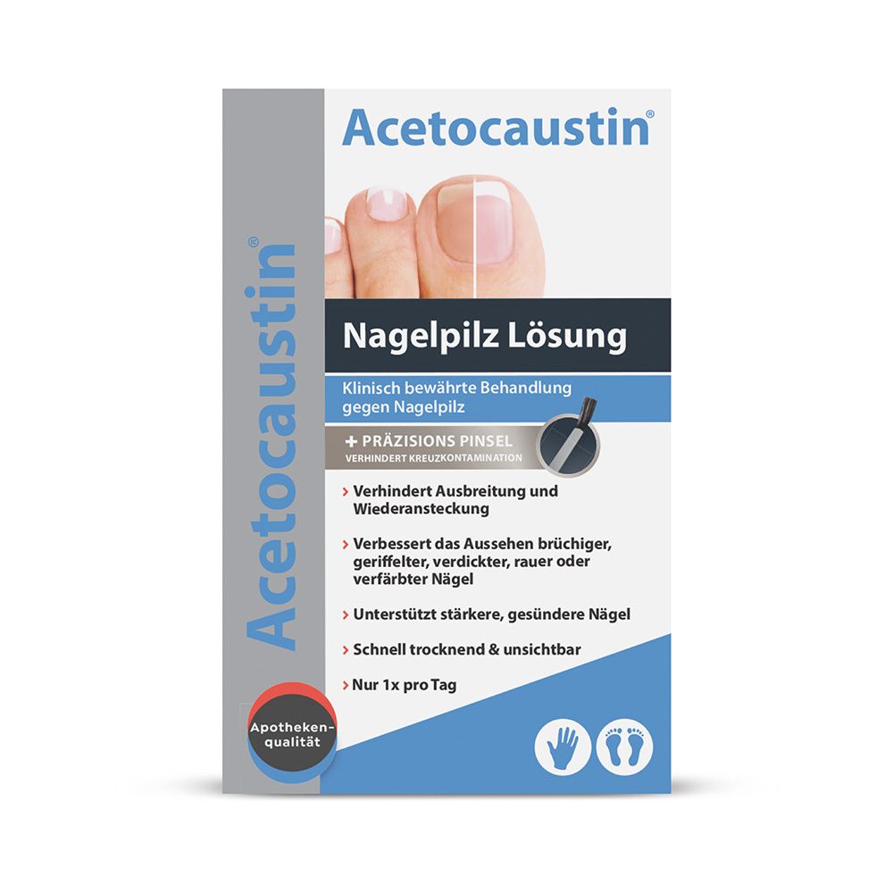 Verpackung von AcetoCaustin Nagelpilz Lösung mit Präzisionspinsel und Abbildung gesunder Nägel.