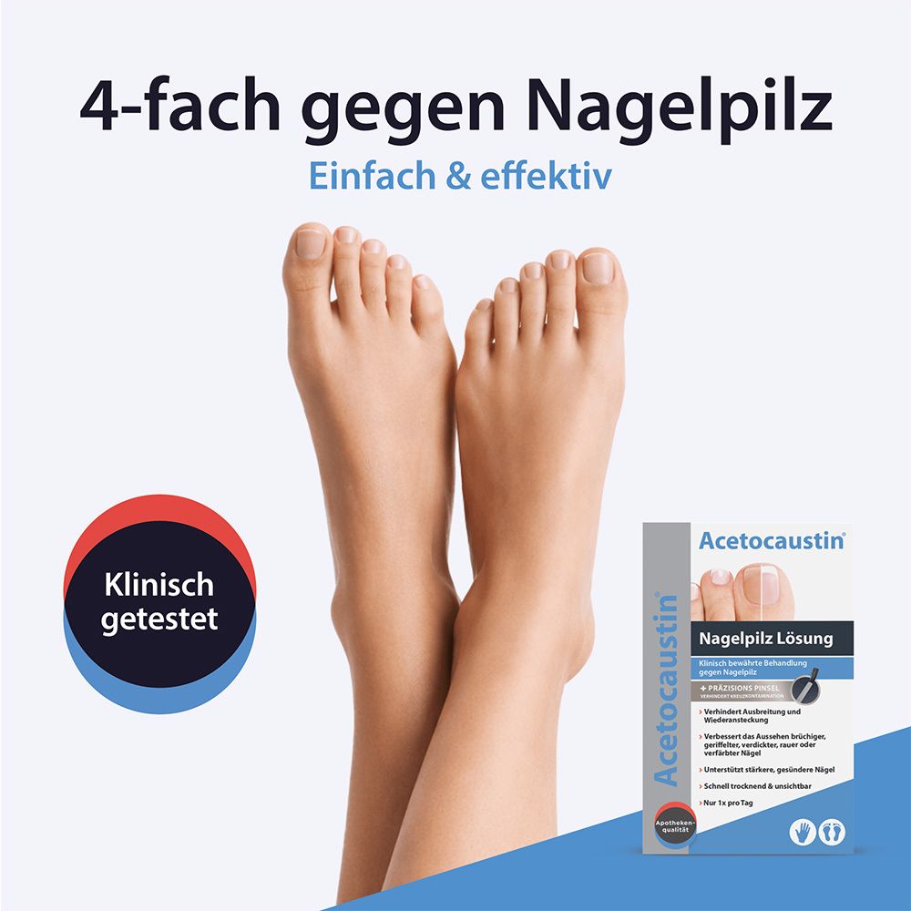 Füße mit gesunden Nägeln, daneben die Verpackung von AcetoCaustin Nagelpilz Lösung.