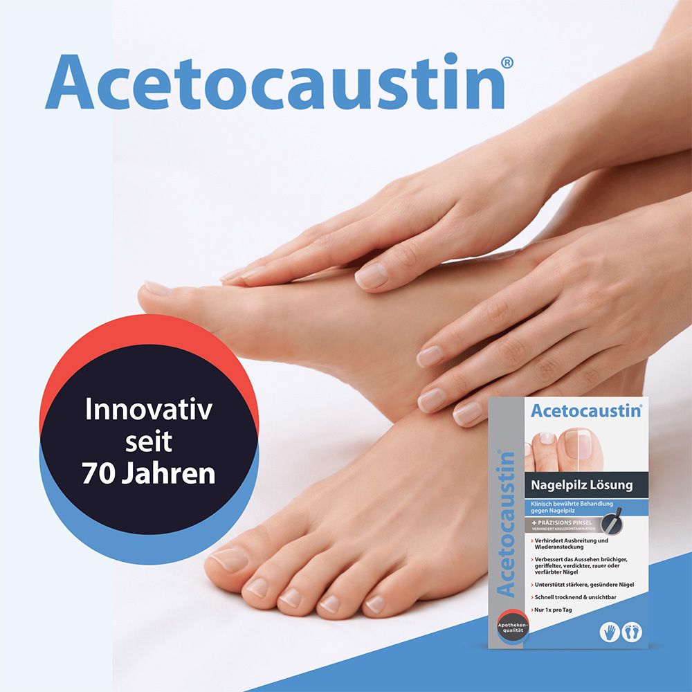 Verpackung AcetoCaustin Nagelpilz Lösung, Vorderseite mit Nagelfoto und Anwendungshinweisen.