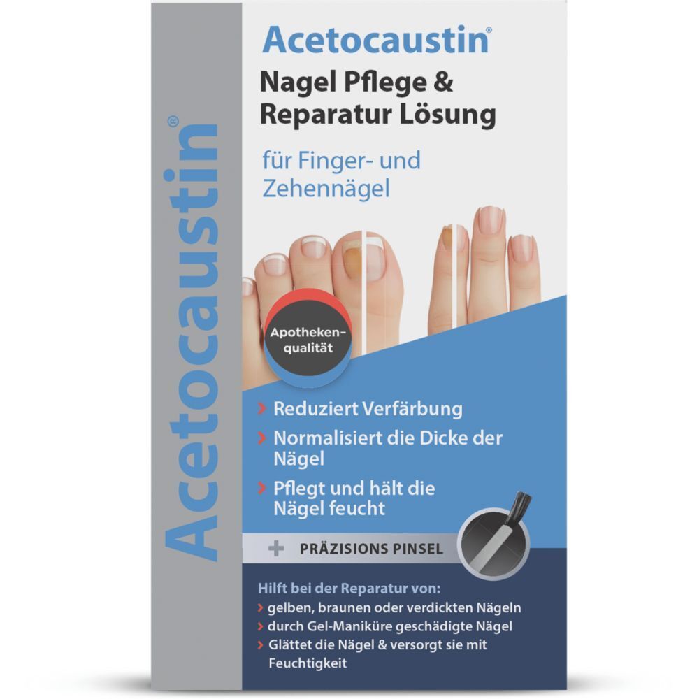 Verpackung mit Nagellack-Applikator und Bildern von gesunden und geschädigten Nägeln.
