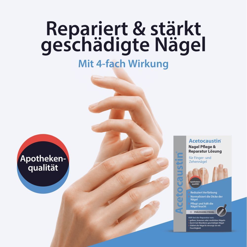 Hände mit gepflegten Nägeln, Produktverpackung und Kreis mit "Apotheken-Qualität".