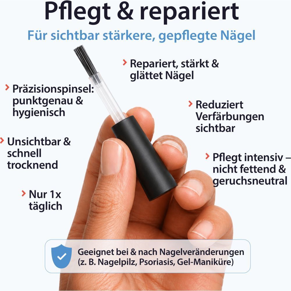 Präzisionspinsel für Nagelpflege, mit Text über Reparatur, Reduzierung von Verfärbungen.