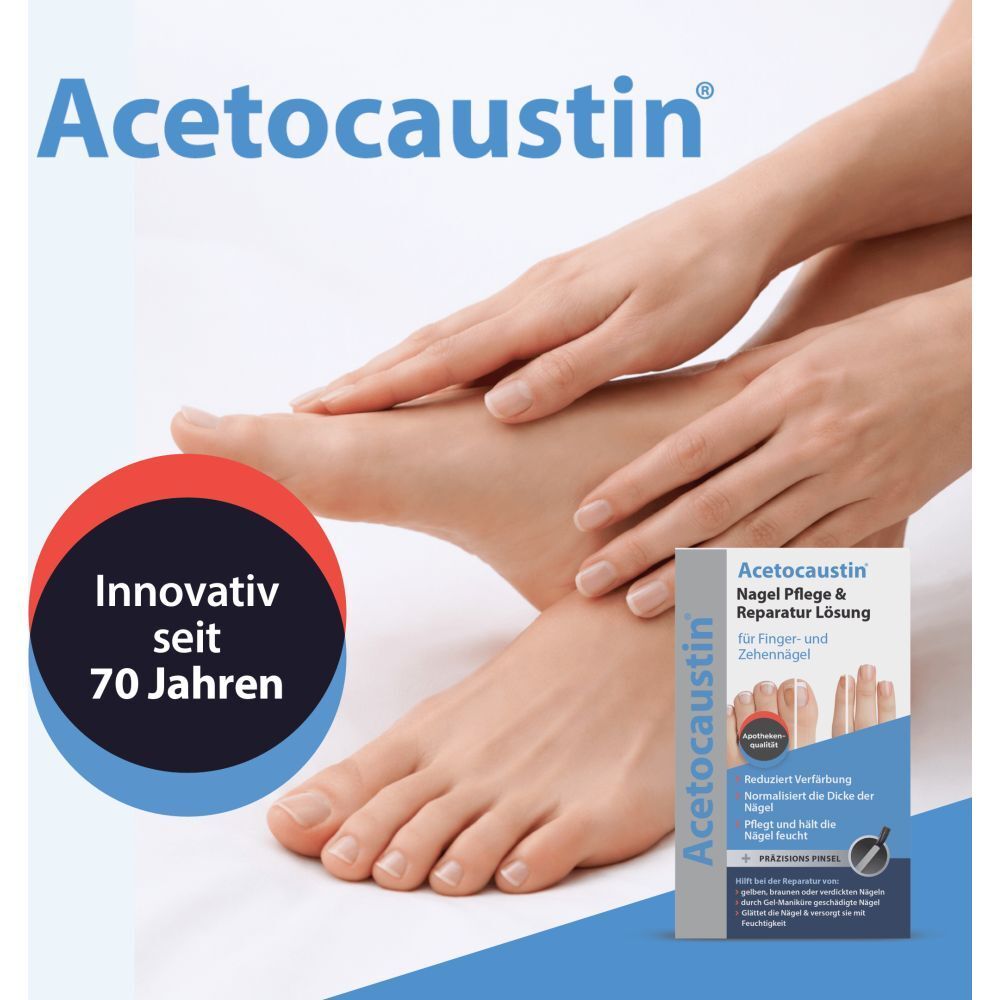 Füße und Hände mit gepflegten Nägeln, Produktverpackung und Hinweis "Innovativ seit 70 Jahren".