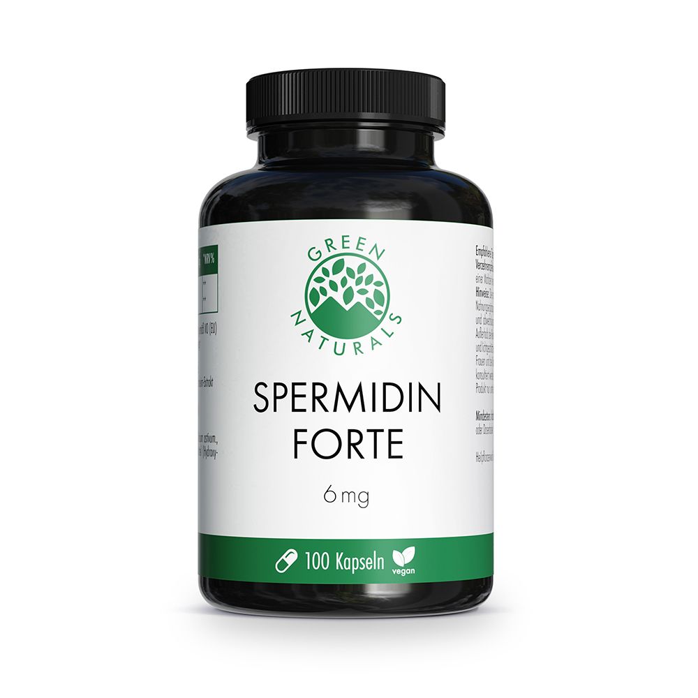 Grüne Naturals Spermidin Forte 6 mg Kapseln in schwarzer Flasche, 100 Stück.