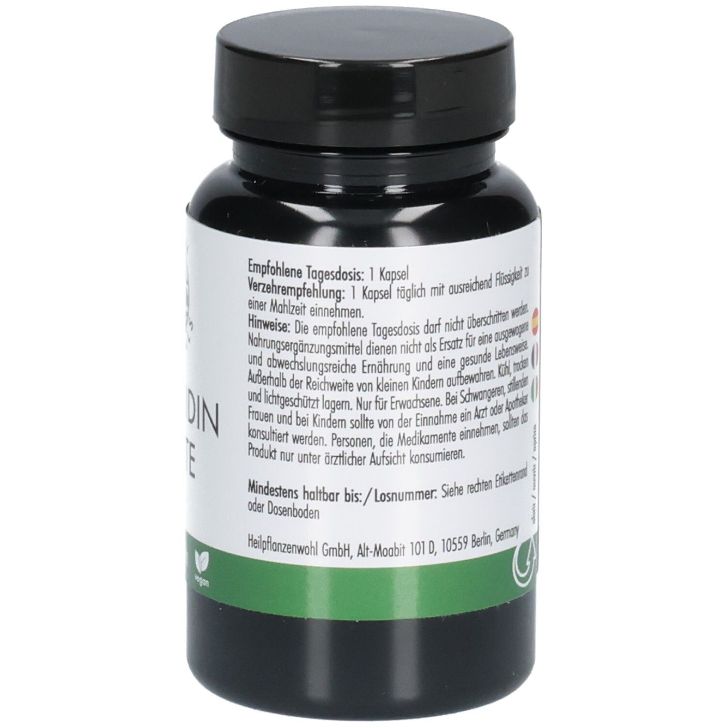 Grüne Flasche, Rückseite. Text: Empfohlene Tagesdosis, Hinweise, Mindestens haltbar bis, Herstelleradresse.