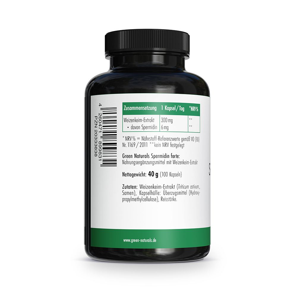 Rückseite der Flasche mit Nährwertangaben: Weizenkeim-Extrakt 300 mg, davon Spermidin 6 mg.